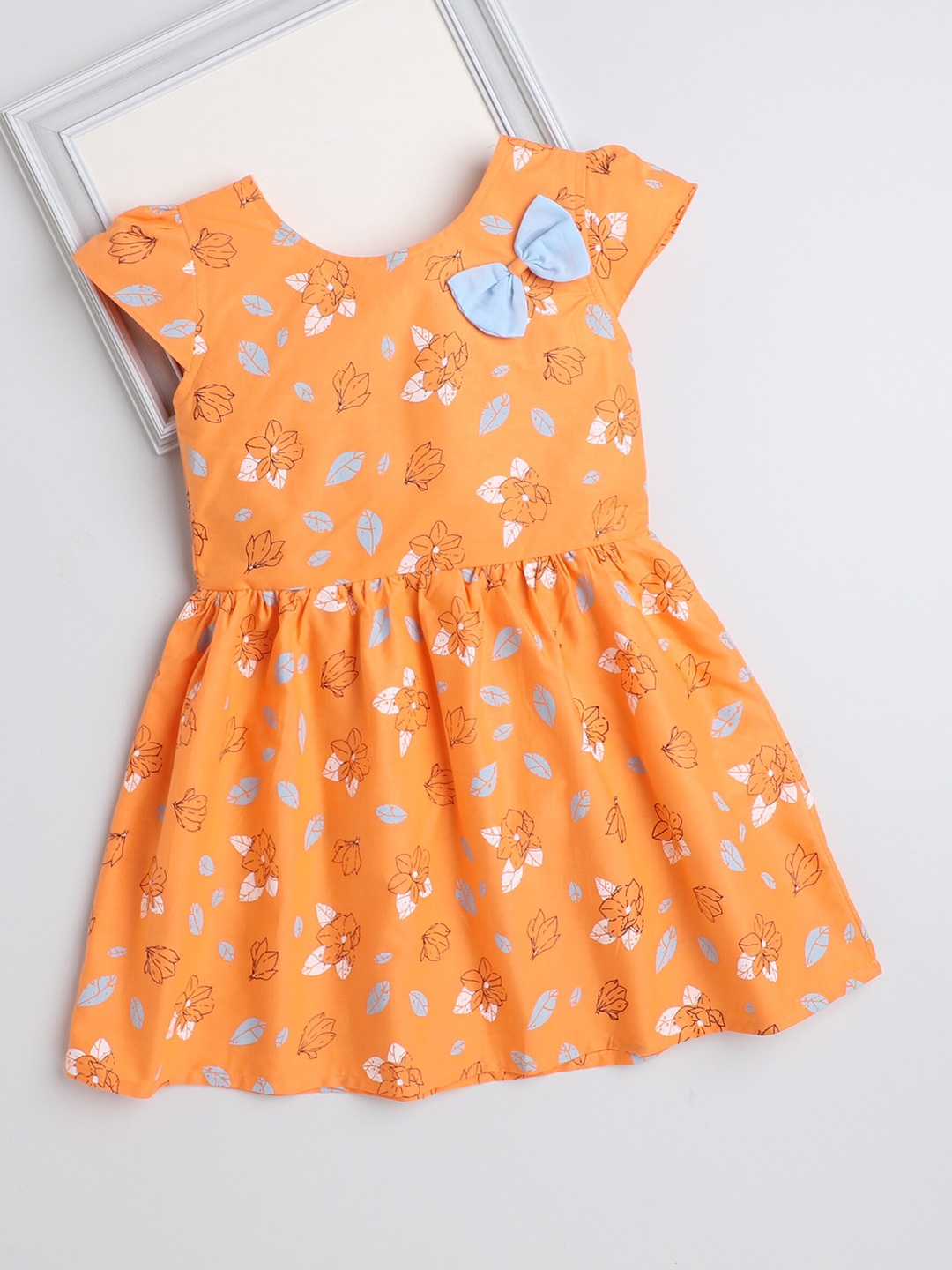 

The Magic Wand Girls Floral Print Flutter Sleeve Fit & Flare Cotton Dress, Orange