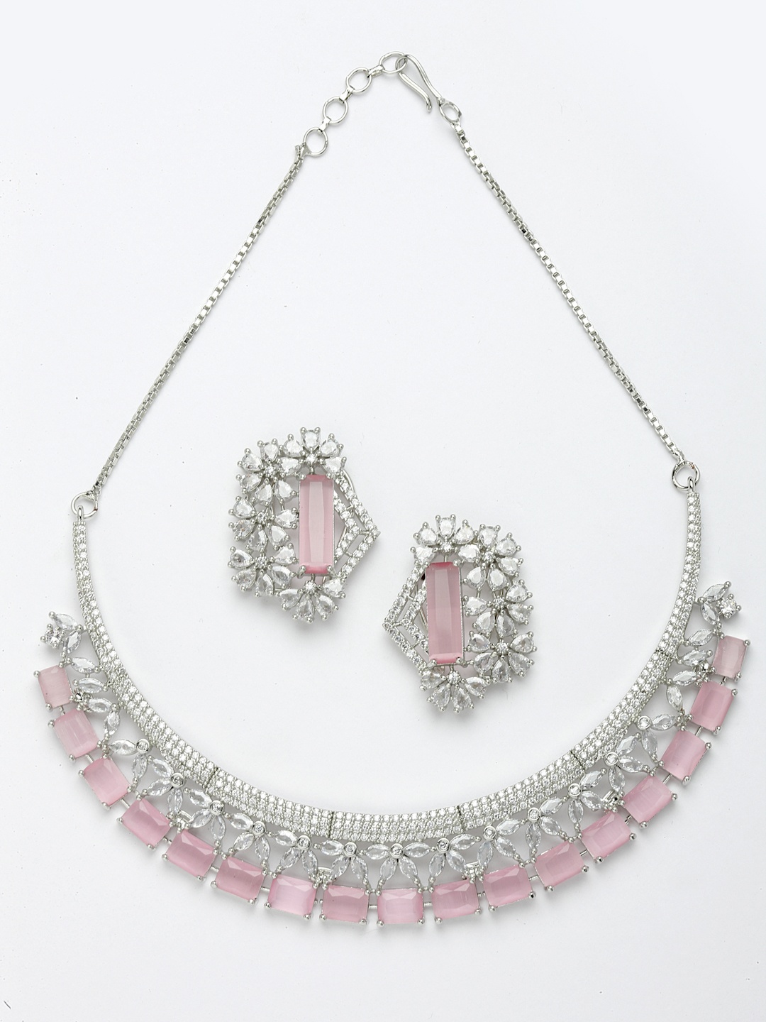 

Aazeen Rhodium-Plated American Diamond Studded Necklace & Earrings, Silver