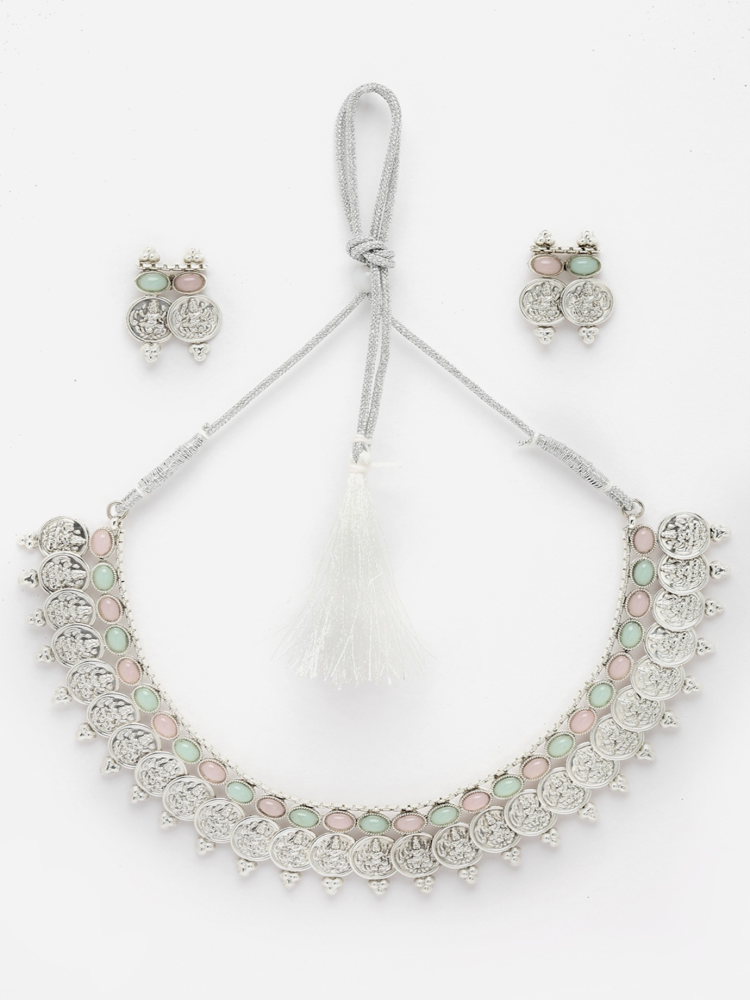 

Aazeen Rhodium-Plated Oxidised Stone Studded Temple Jewellery Set, Silver