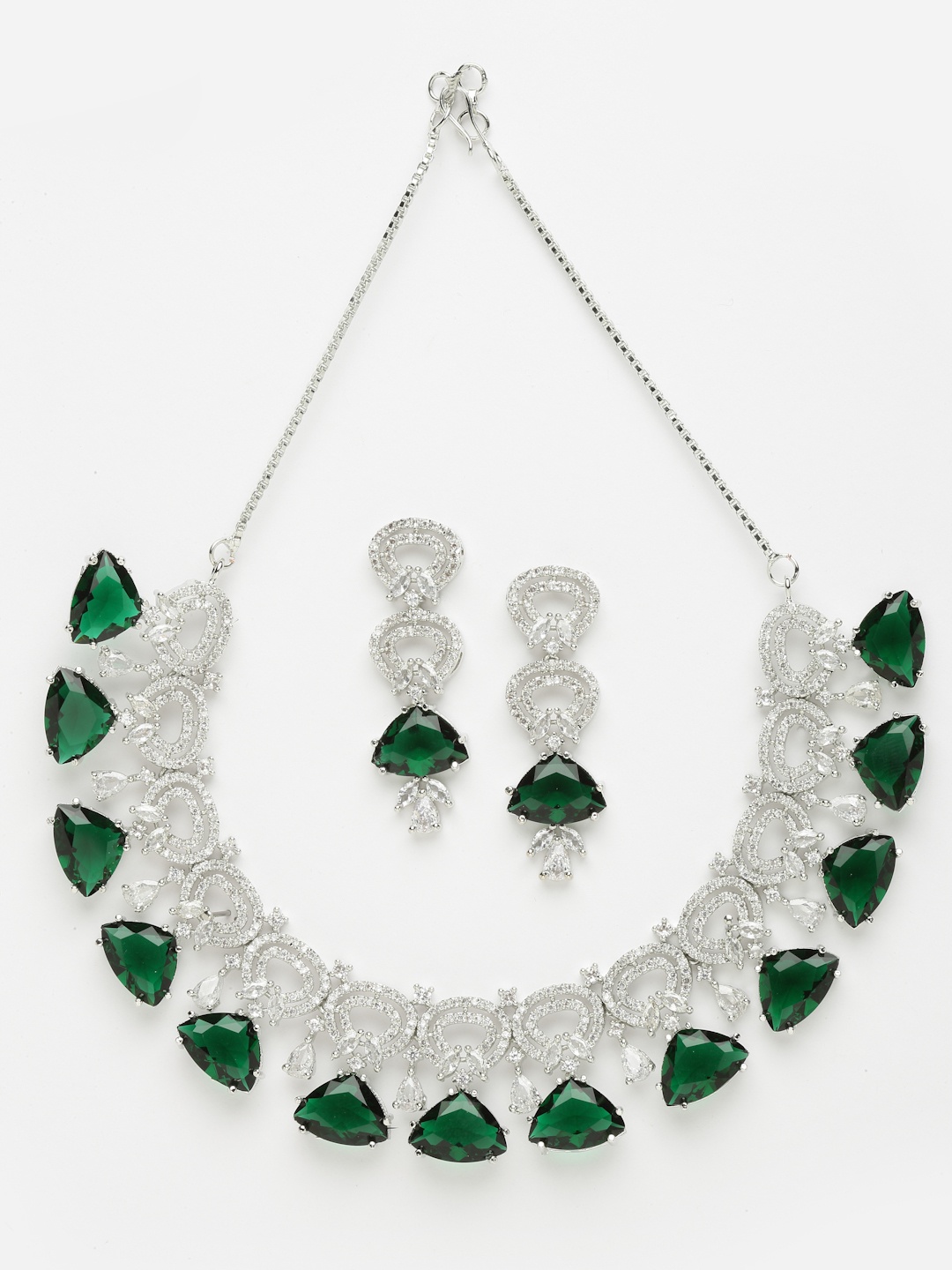 

Aazeen Rhodium-Plated AD Studded Choker Necklace & Drop Earrings Jewellery Set, Silver