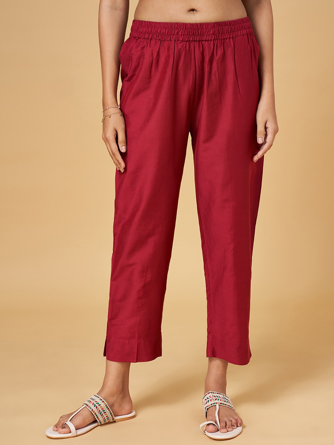 

RANGMANCH BY PANTALOONS Women Mid-Rise Cropped Cotton Trousers, Red