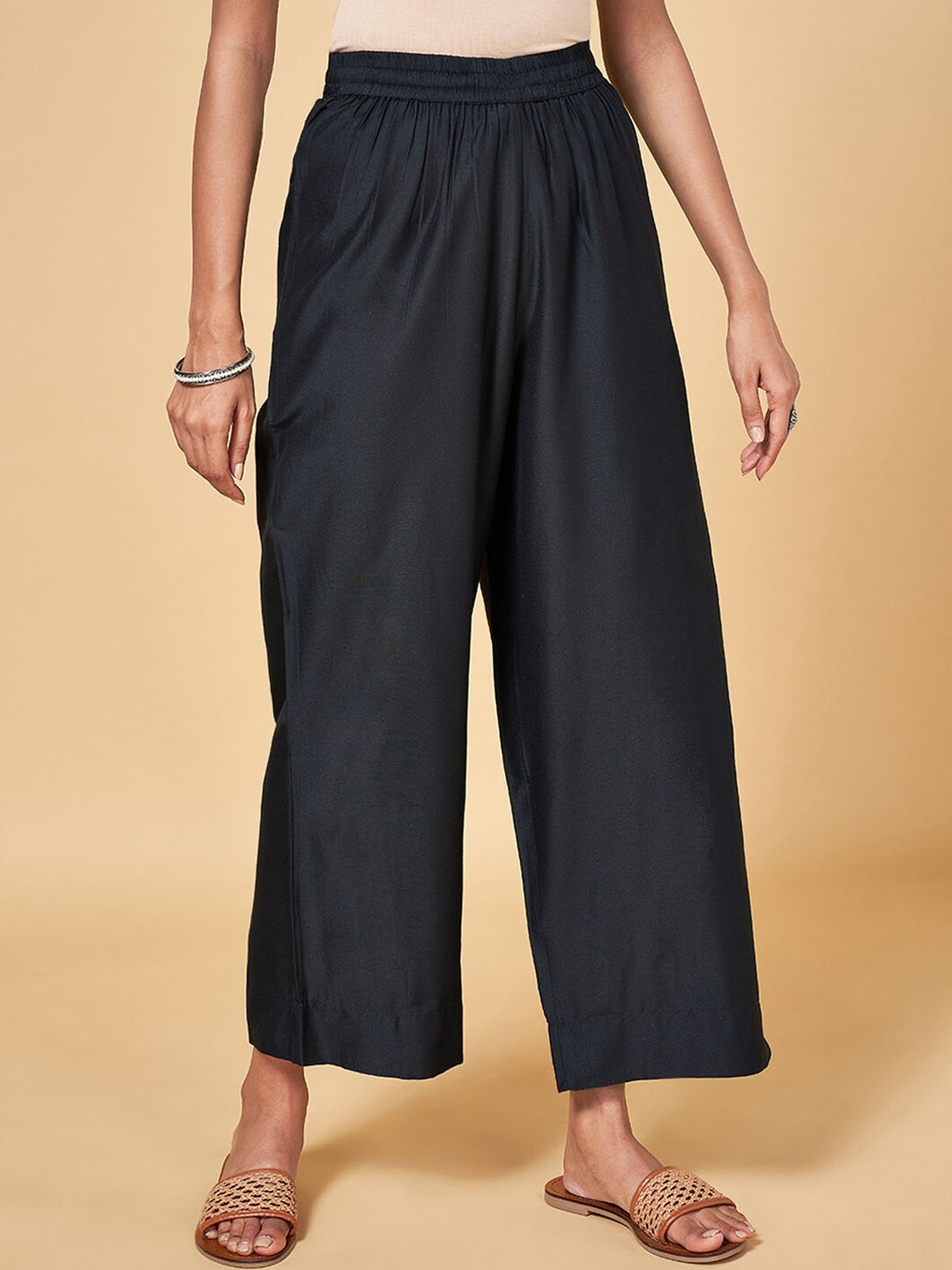 

RANGMANCH BY PANTALOONS Women Mid-Rise Wide Leg Palazzos, Black