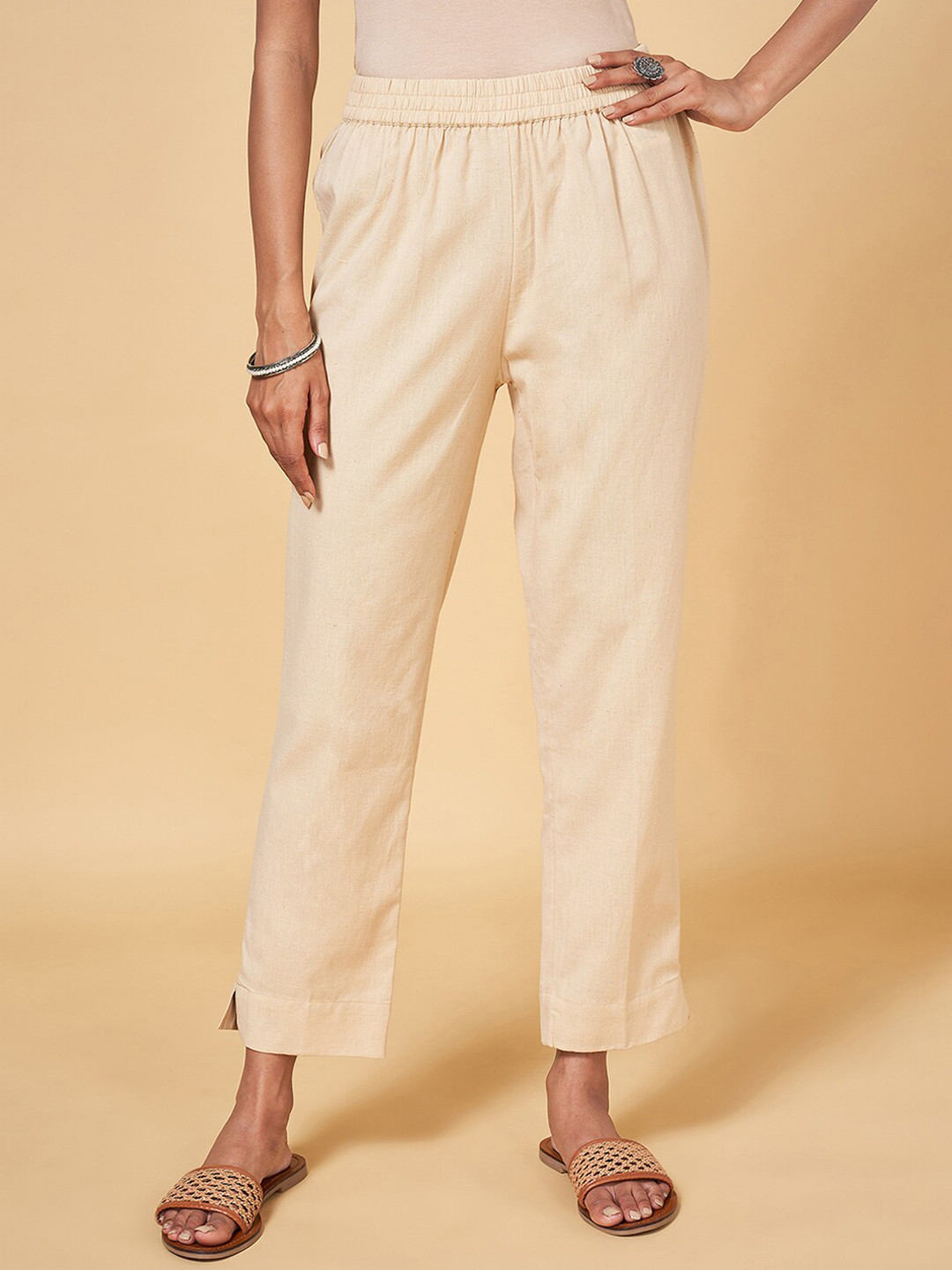 

RANGMANCH BY PANTALOONS Women Mid-Rise Cropped Cotton Trousers, Beige