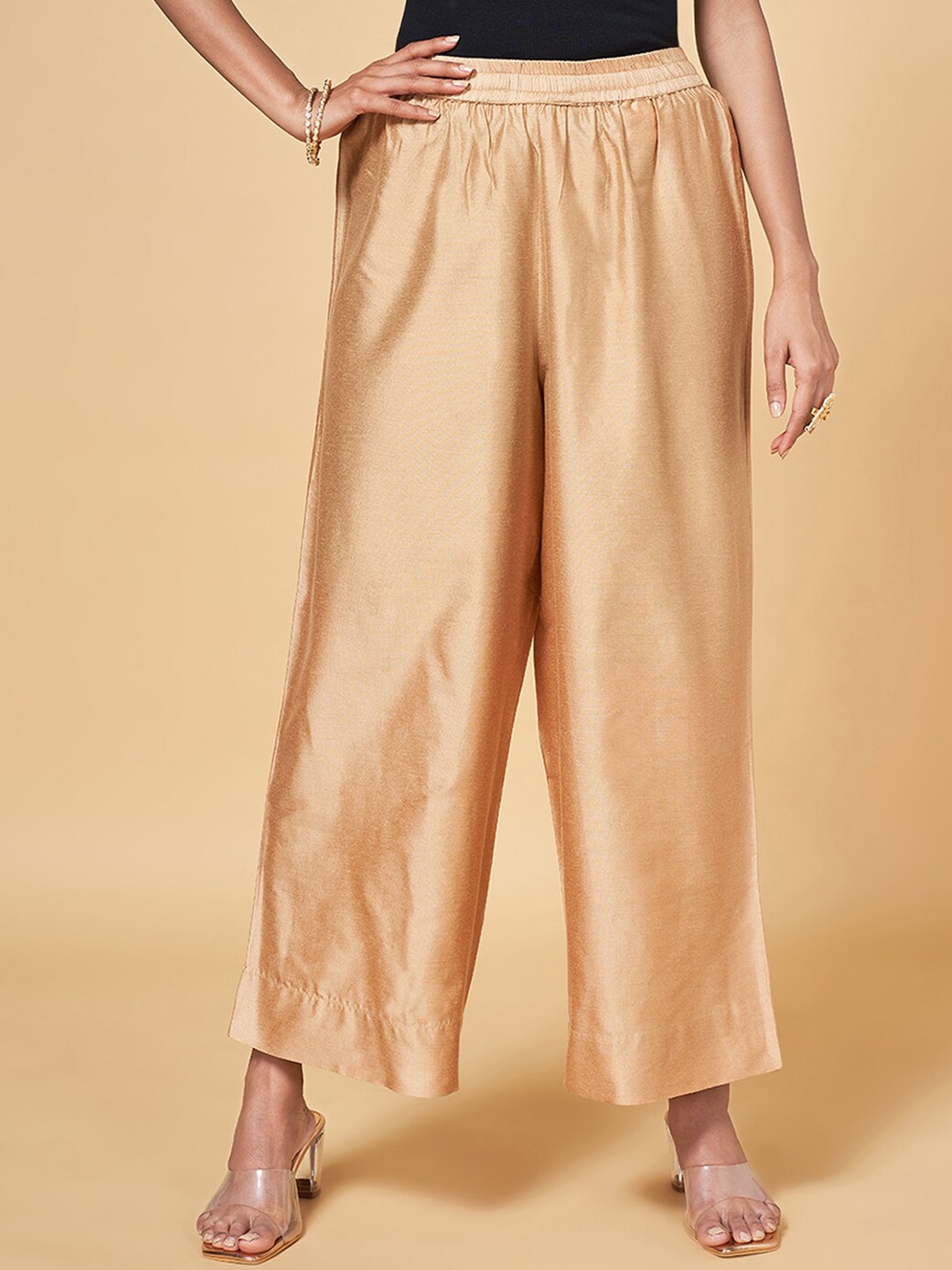 

RANGMANCH BY PANTALOONS Women Mid-Rise Wide Leg Palazzos, Gold