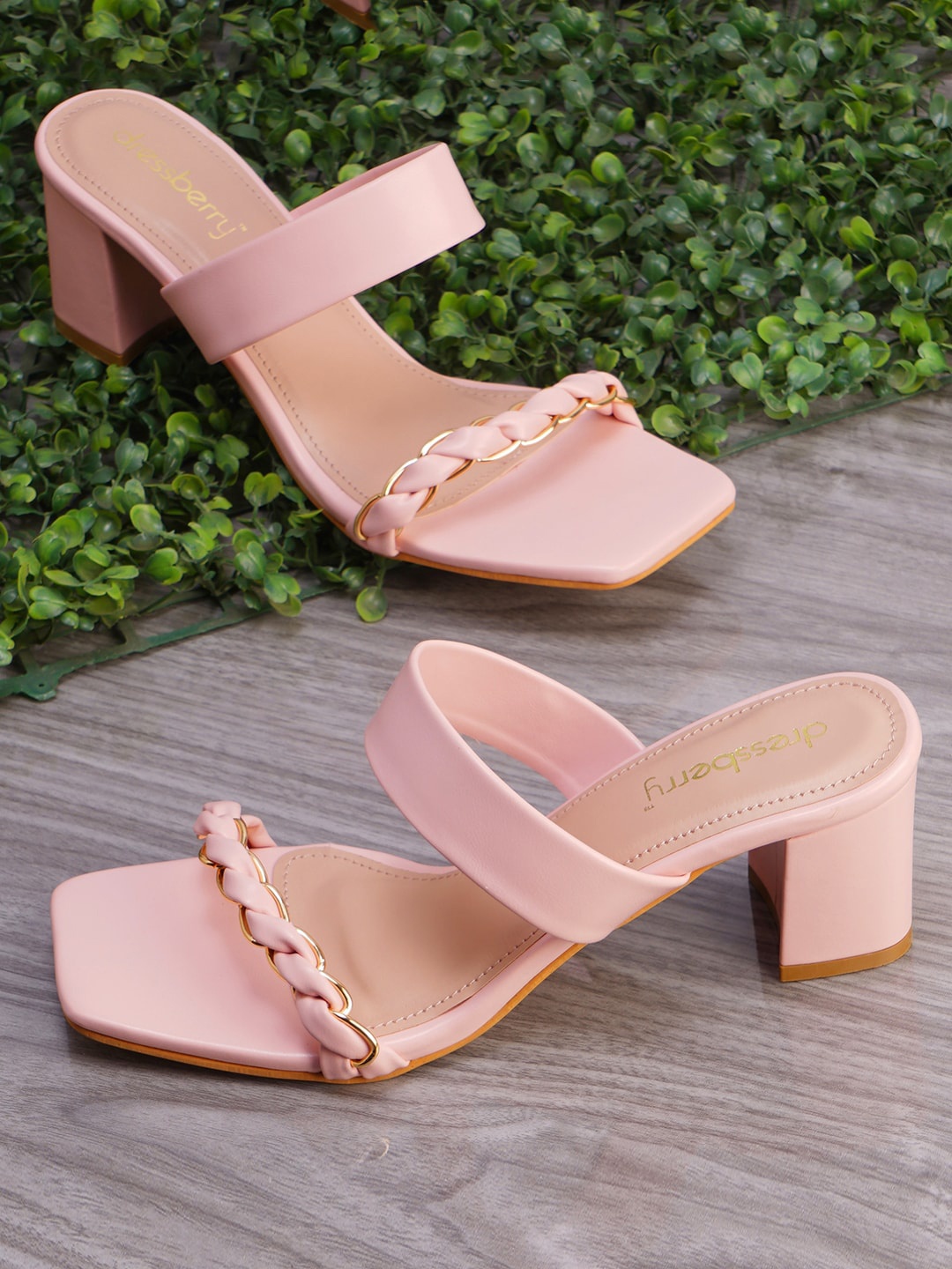 

DressBerry Braided Open Toe Block Heels, Pink