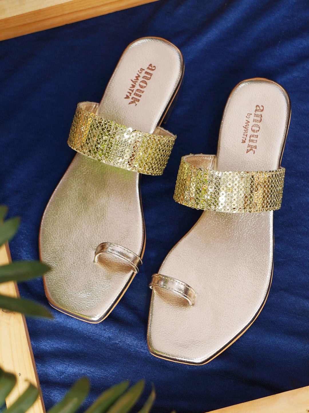 Anouk Gold-Toned Embellished One Toe Block Heels