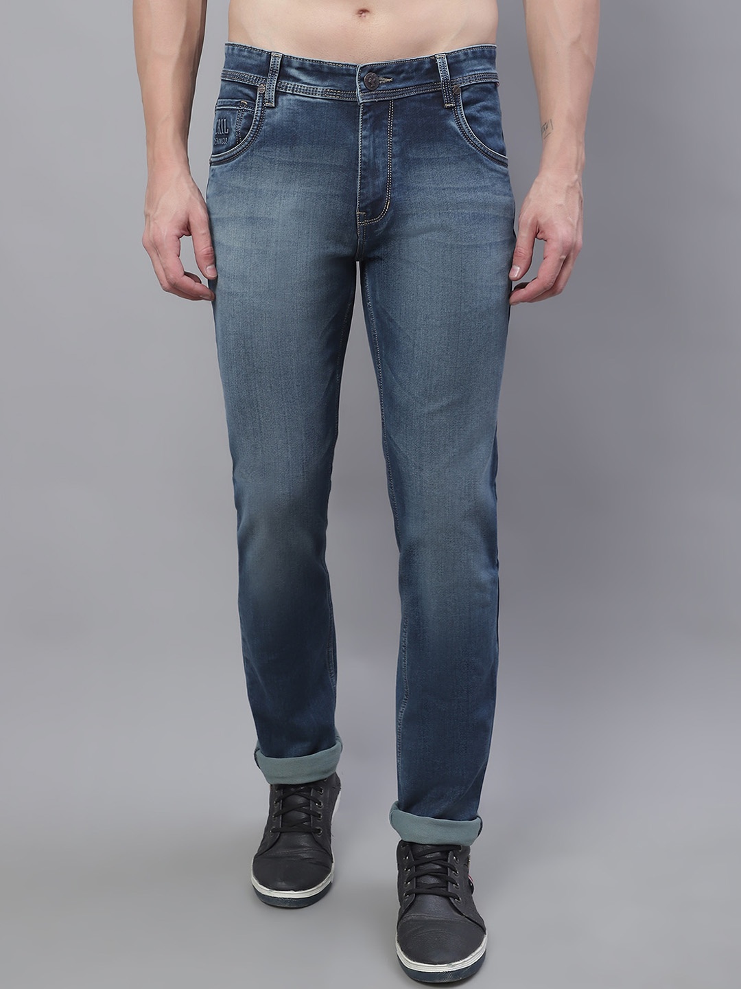 

Cantabil Men Comfort Mid-Rise Heavy Fade Stretchable Cotton Jeans, Blue