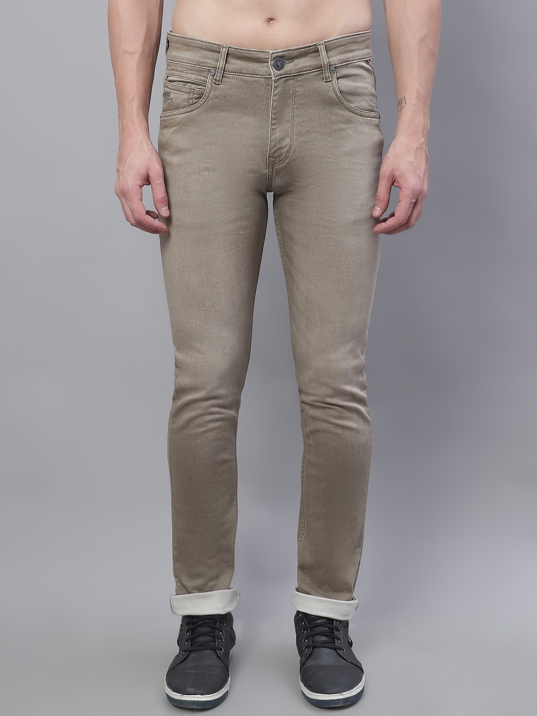 

Cantabil Men Comfort Mid-Rise Stretchable Cotton Jeans, Beige