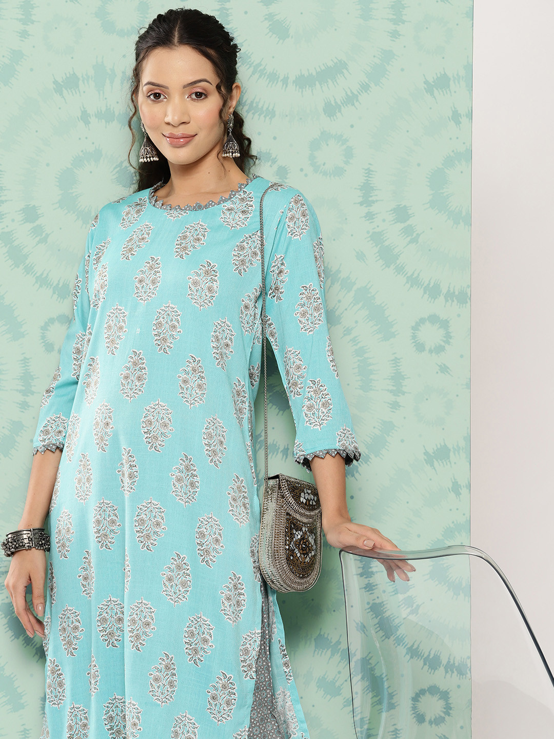 

ZOLA Women Ethnic Motifs Printed Regular Kurta with Trousers, Sea green