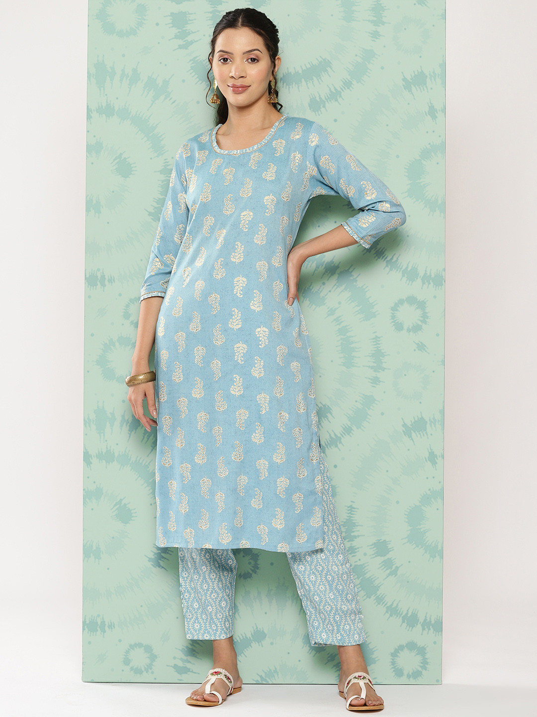 

ZOLA Women Ethnic Motifs Printed Regular Kurta with Trousers, Blue