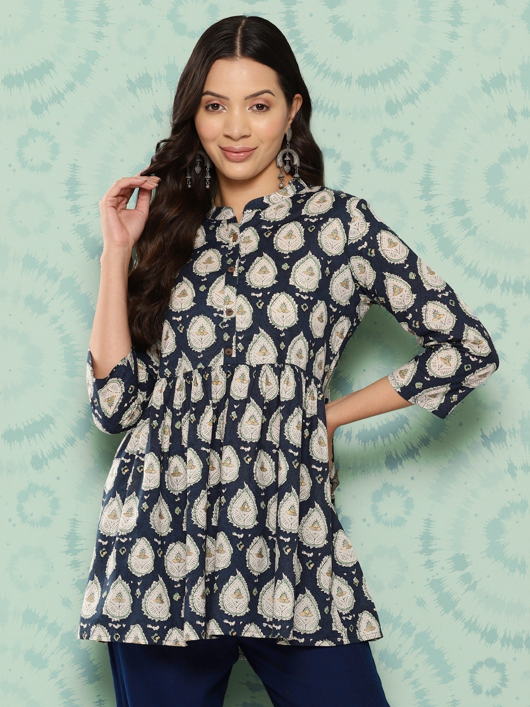 

ZOLA Mandarin Collar Printed Ethnic Tunic, Navy blue