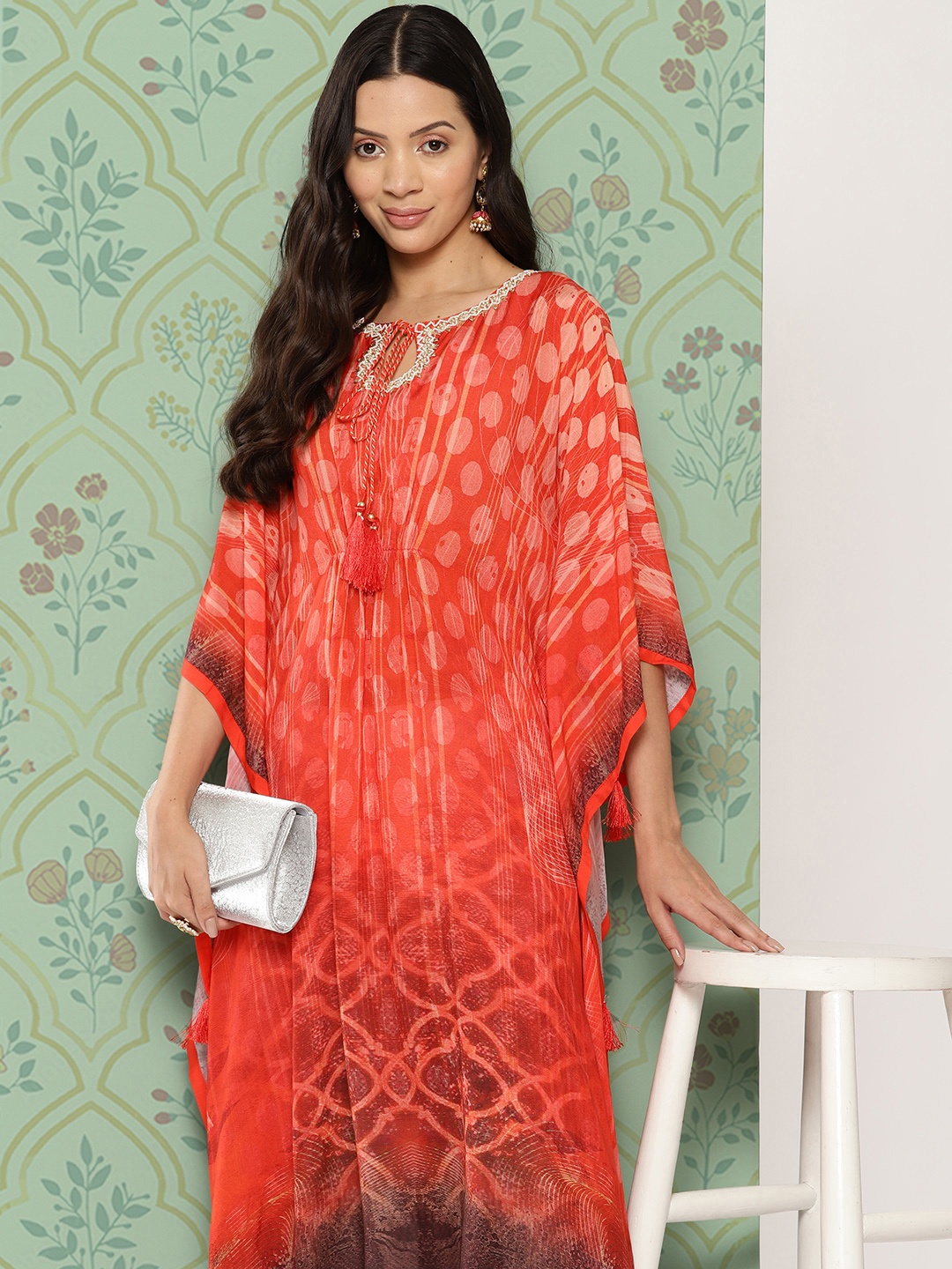 

ZOLA Geometric Printed Flared Sleeves Tie-Up Neck Beads & Stones Kaftan Kurta, Red