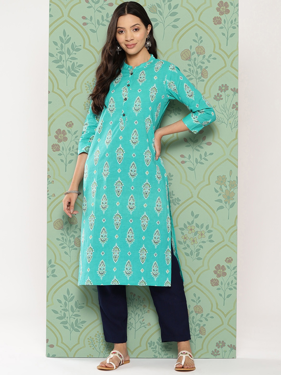 

ZOLA Women Ethnic Motifs Printed Mandarin Collar Pure Cotton Kurta, Blue