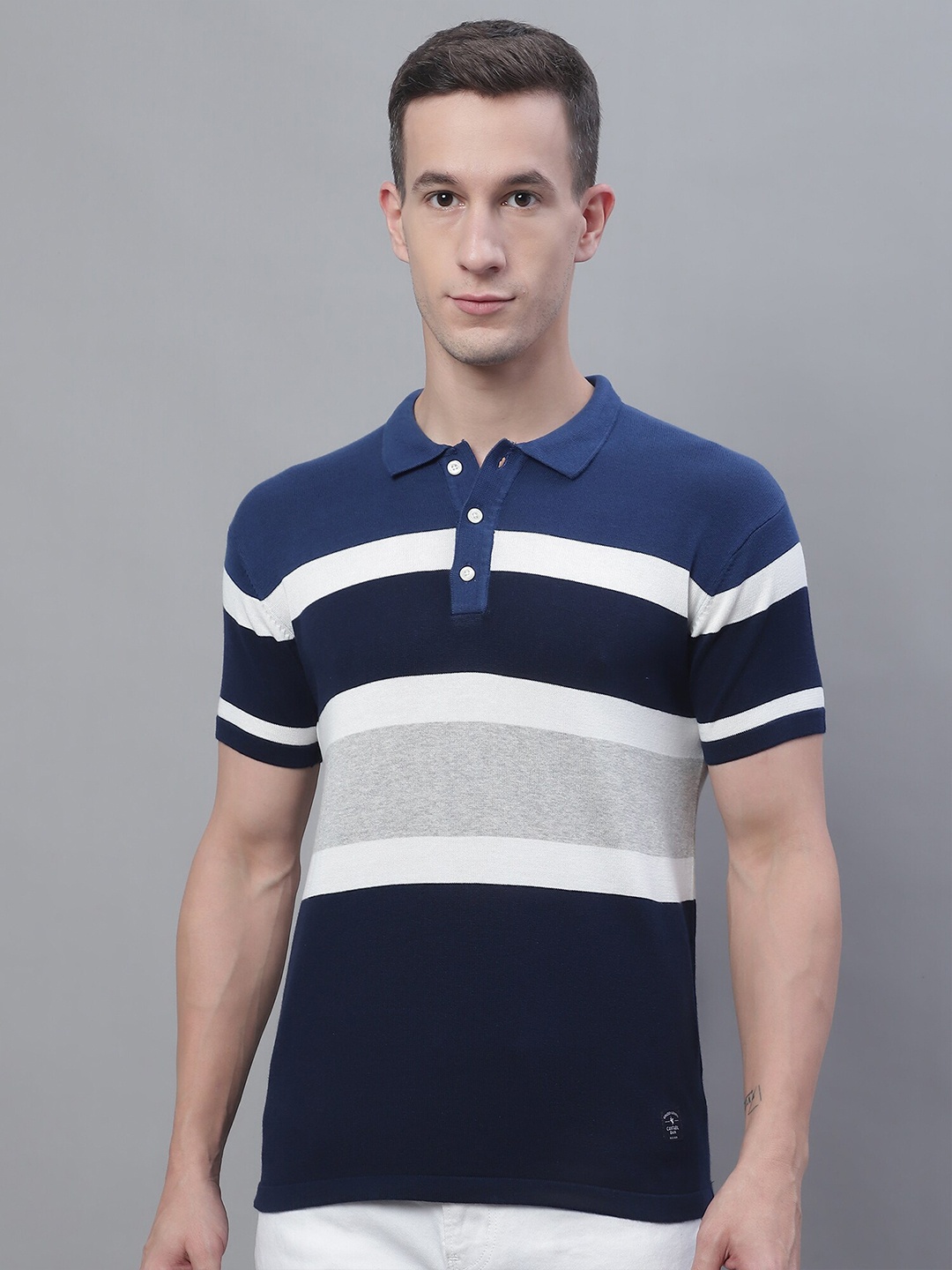 

Cantabil Striped Polo Collar Cotton T-Shirt, Navy blue