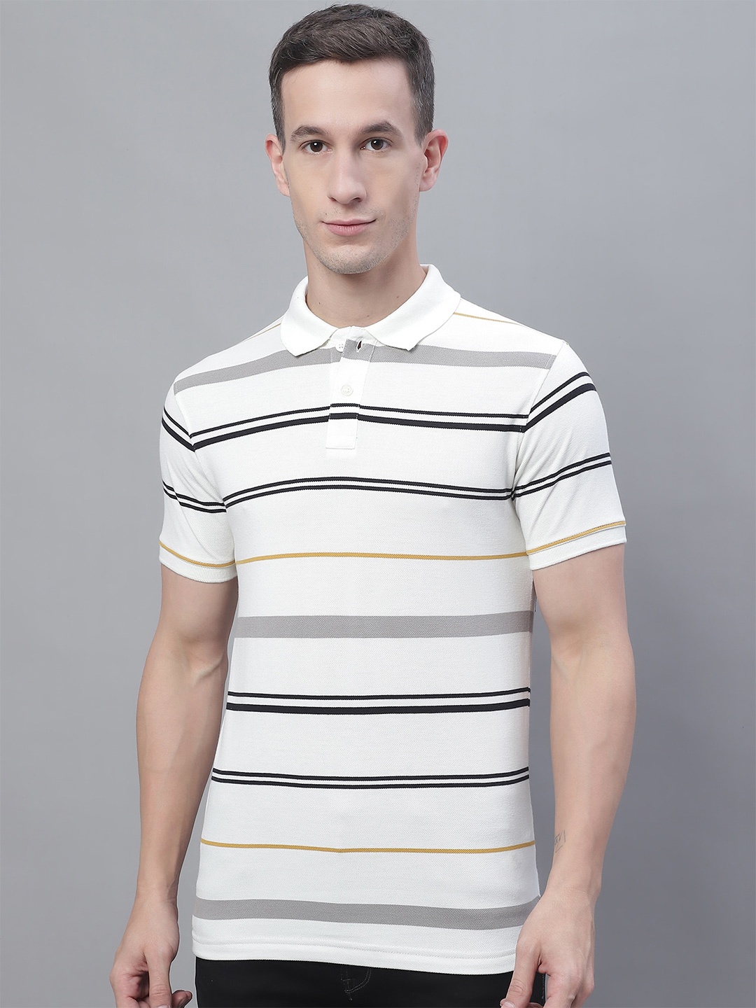 

Cantabil Striped Polo Collar Cotton T-Shirt, Off white