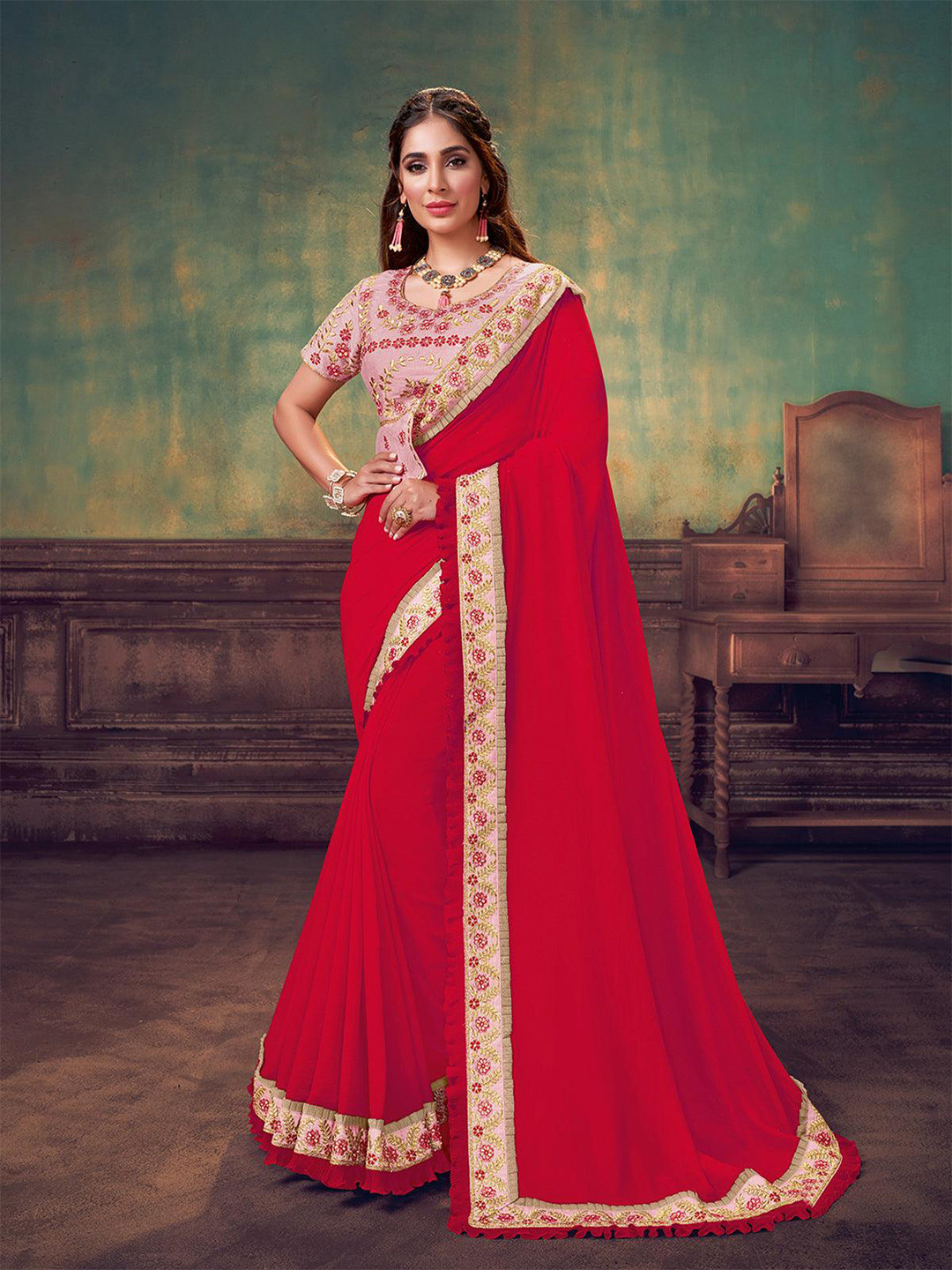 

ODETTE Embroidered Silk Georgette Saree, Red