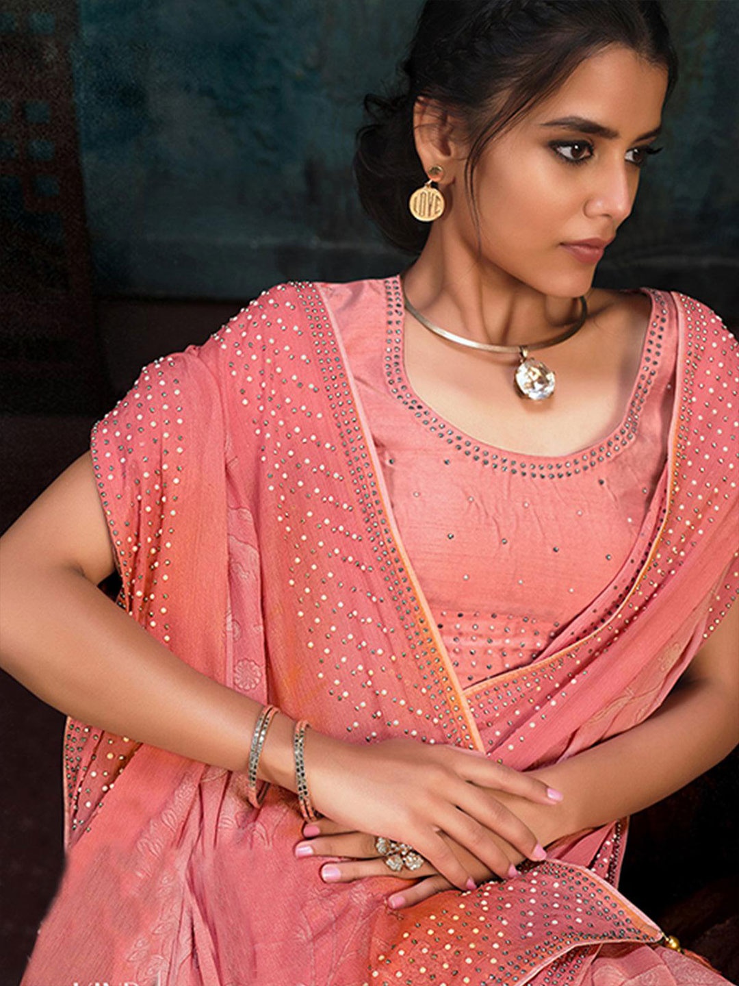 

ODETTE Embellished Sequinned Saree, Pink