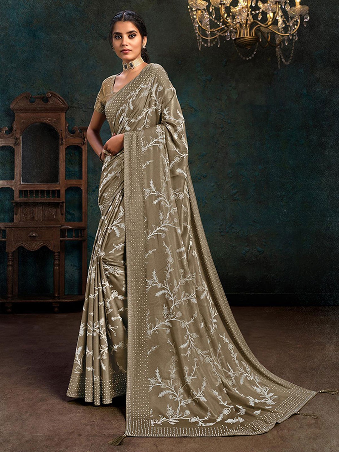 

ODETTE Embellished Embroidered Saree, Beige