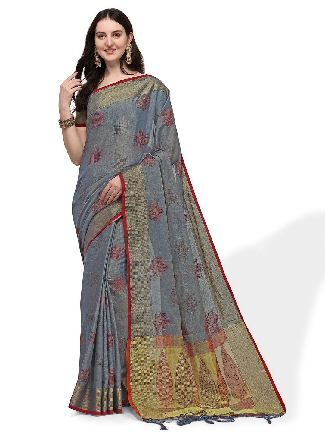 

ODETTE Woven Design Zari Saree, Grey