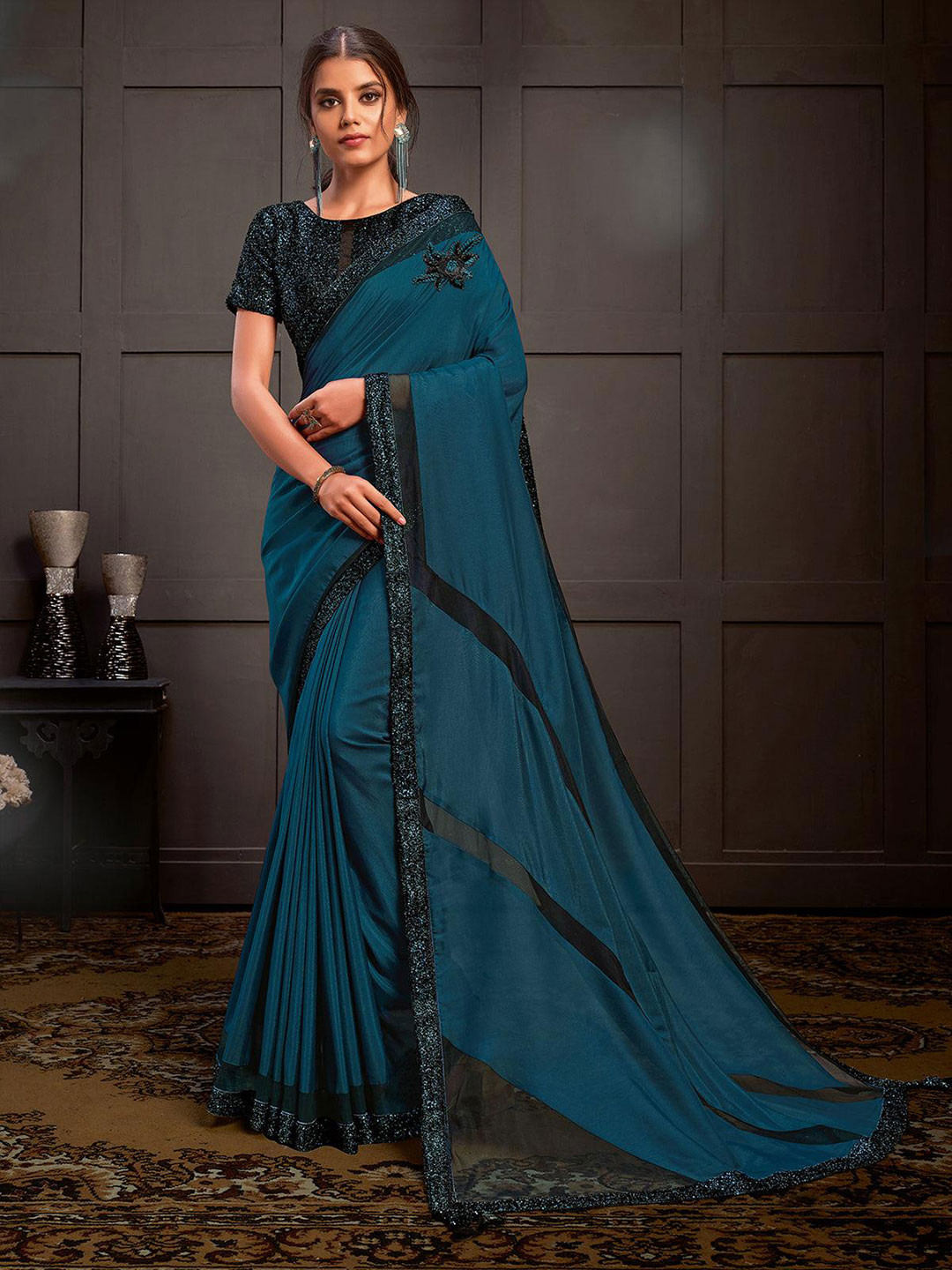 

ODETTE Sequinned Net Saree, Blue