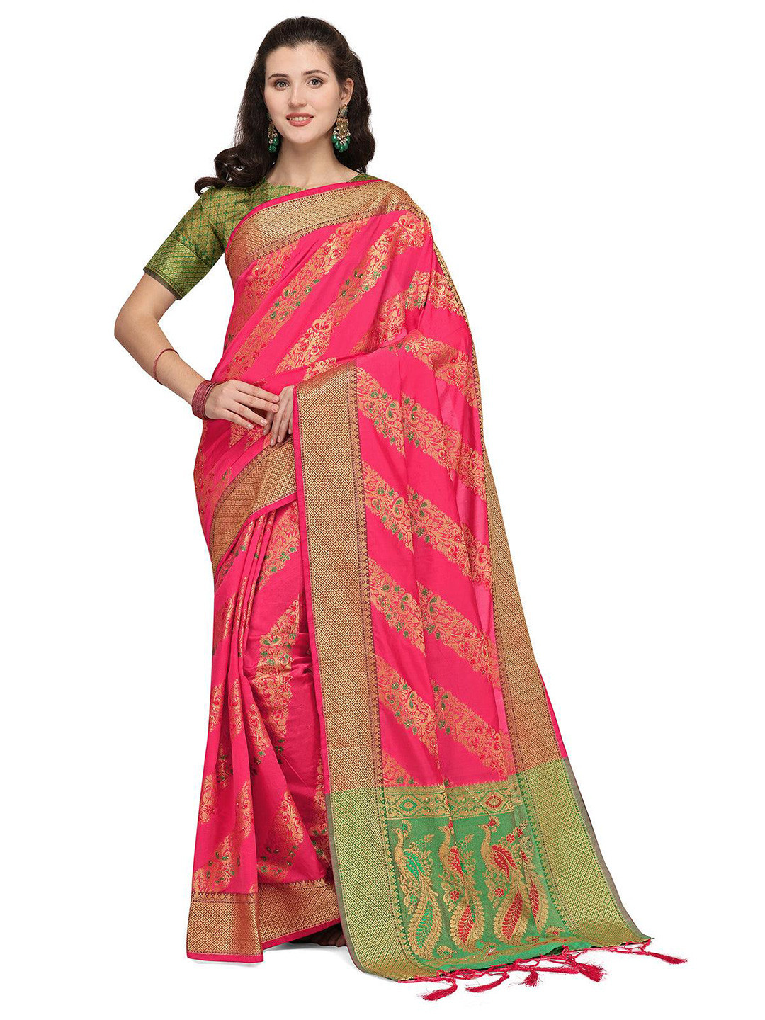 

ODETTE Embellished Zari Banarasi Saree, Pink