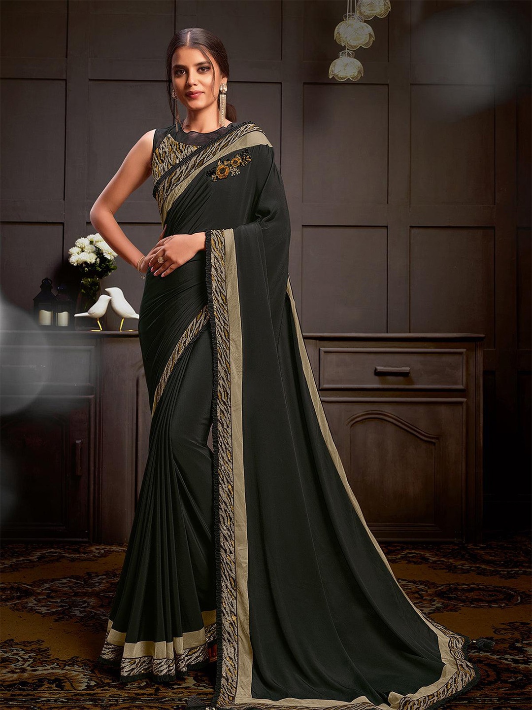 

ODETTE Embellished Sequinned Saree, Black