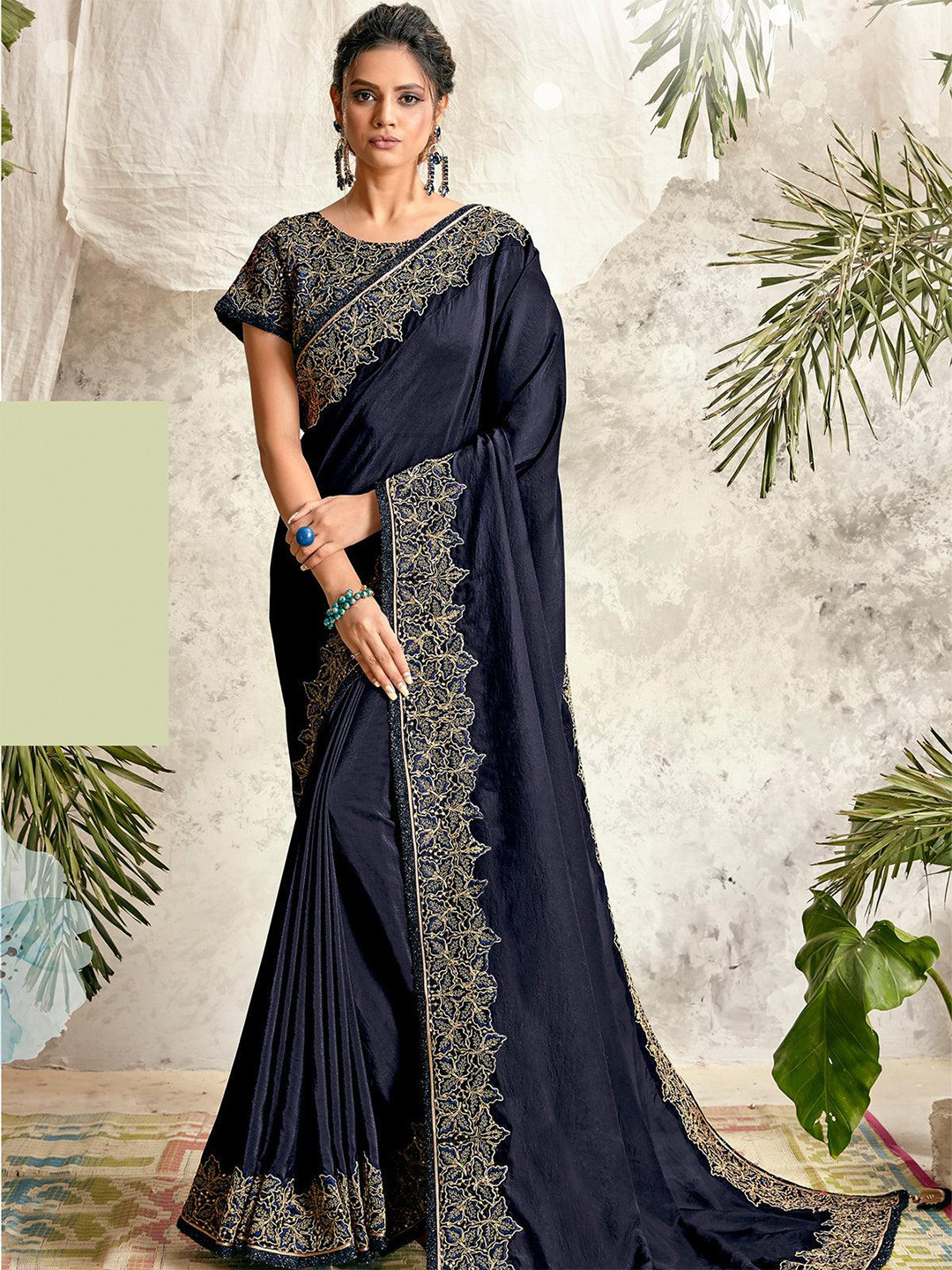 

ODETTE Embroidered Silk Georgette Saree, Blue
