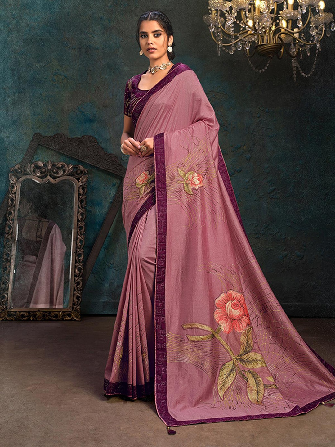 ODETTE Floral Embellished Saree, Pink