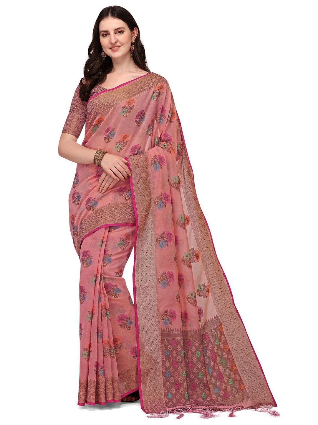 

ODETTE Pink & Orange Woven Design Zari Silk Blend Saree
