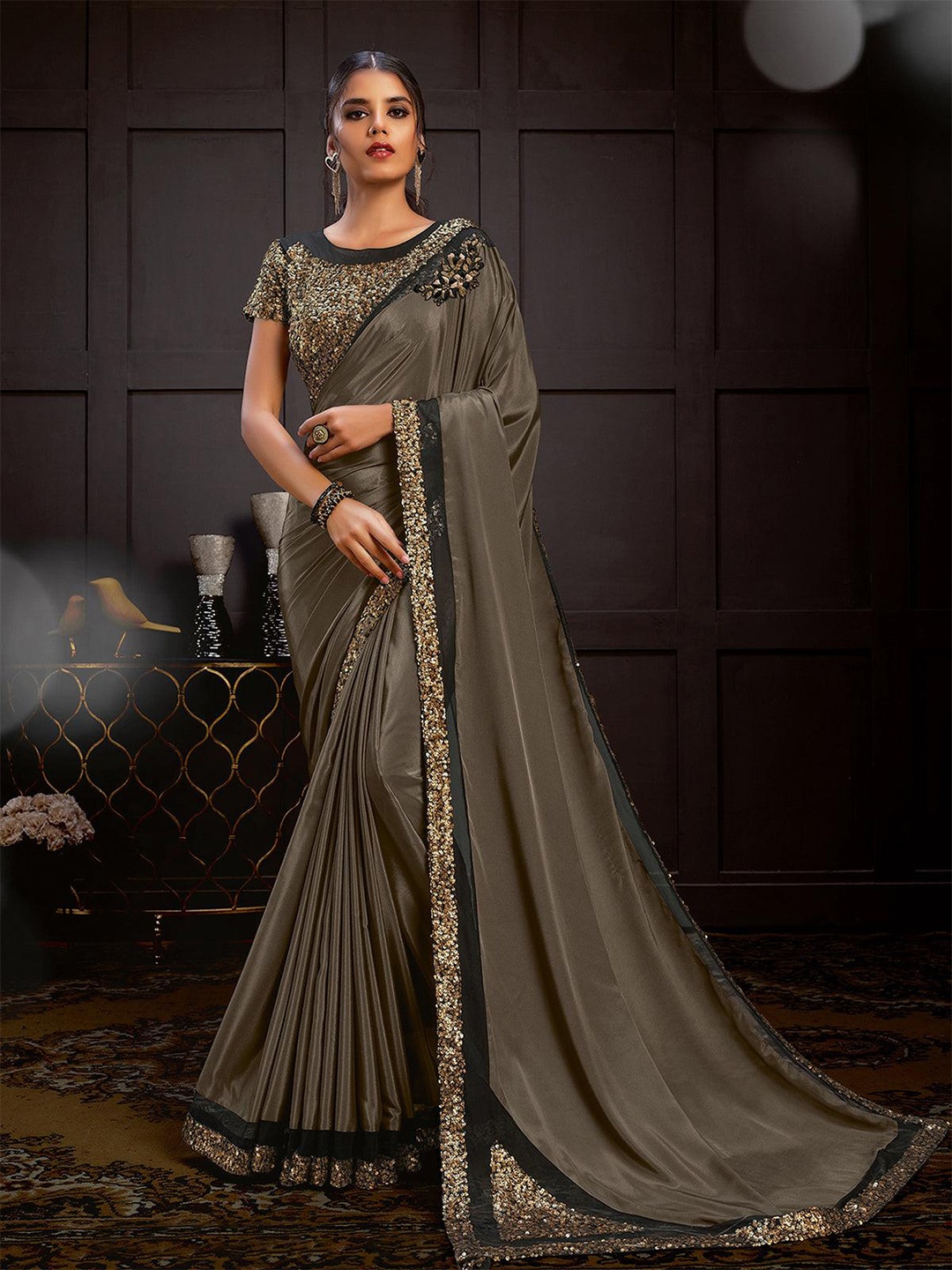 

ODETTE Sequinned Embellished Saree, Grey