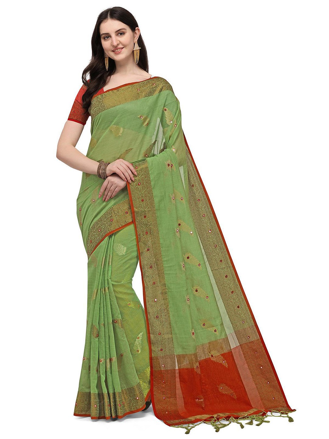 

ODETTE Woven Design Zari Saree, Green