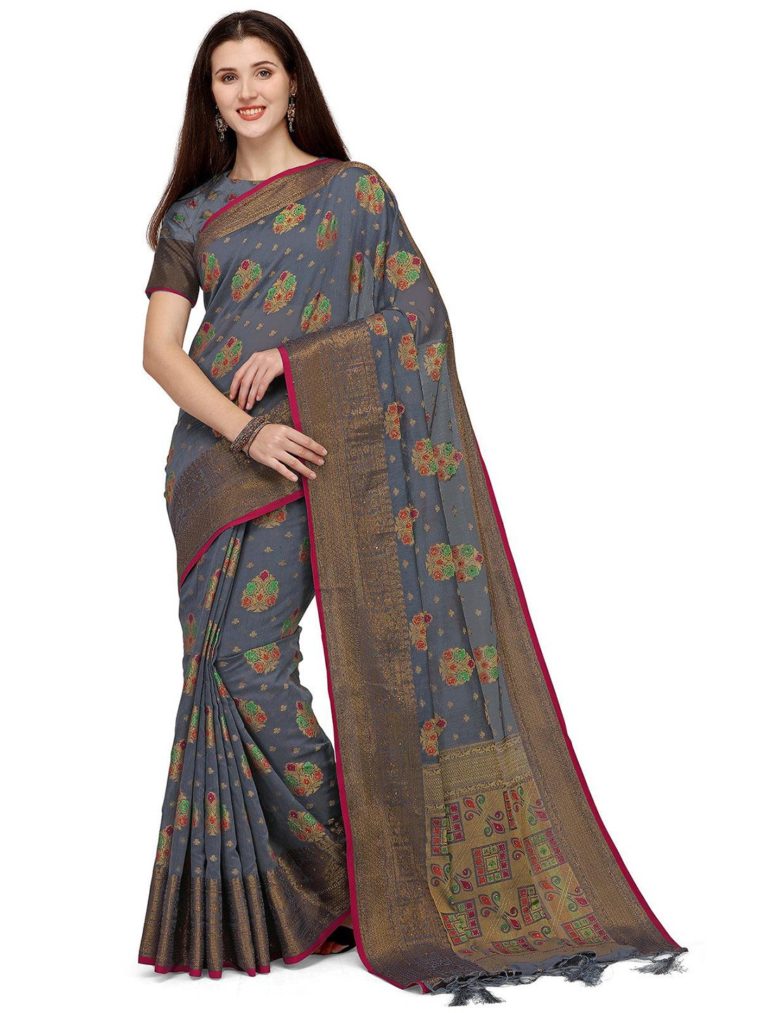 

ODETTE Floral Woven Design Zari Saree, Grey