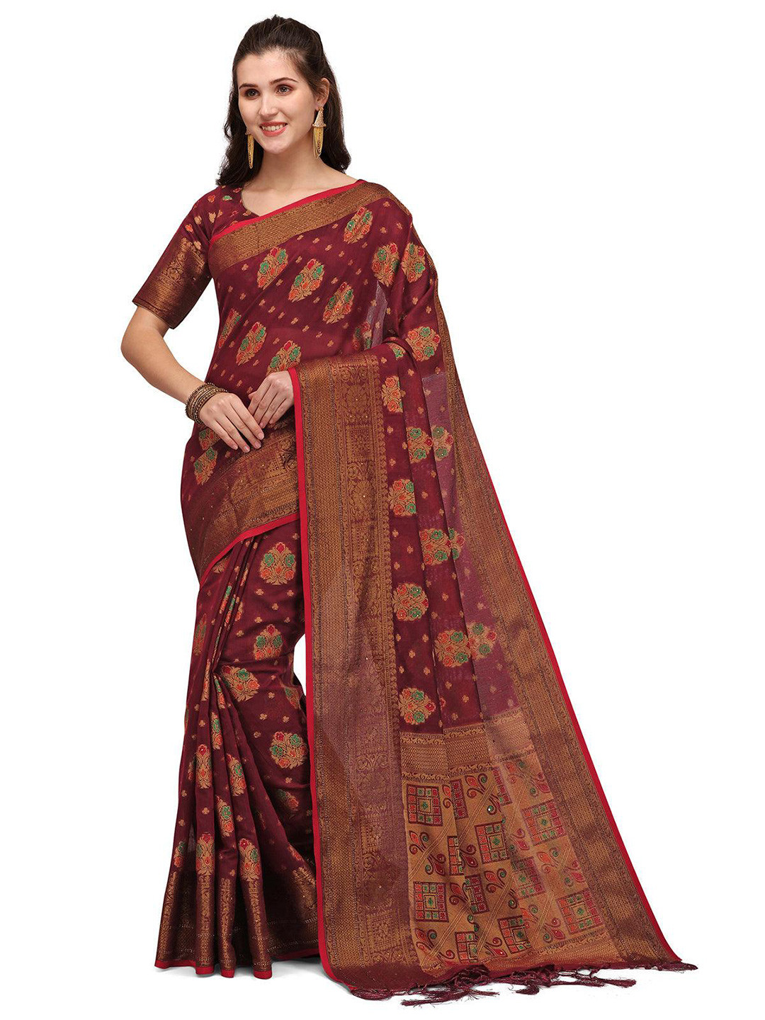 

ODETTE Floral Woven Design Saree, Maroon
