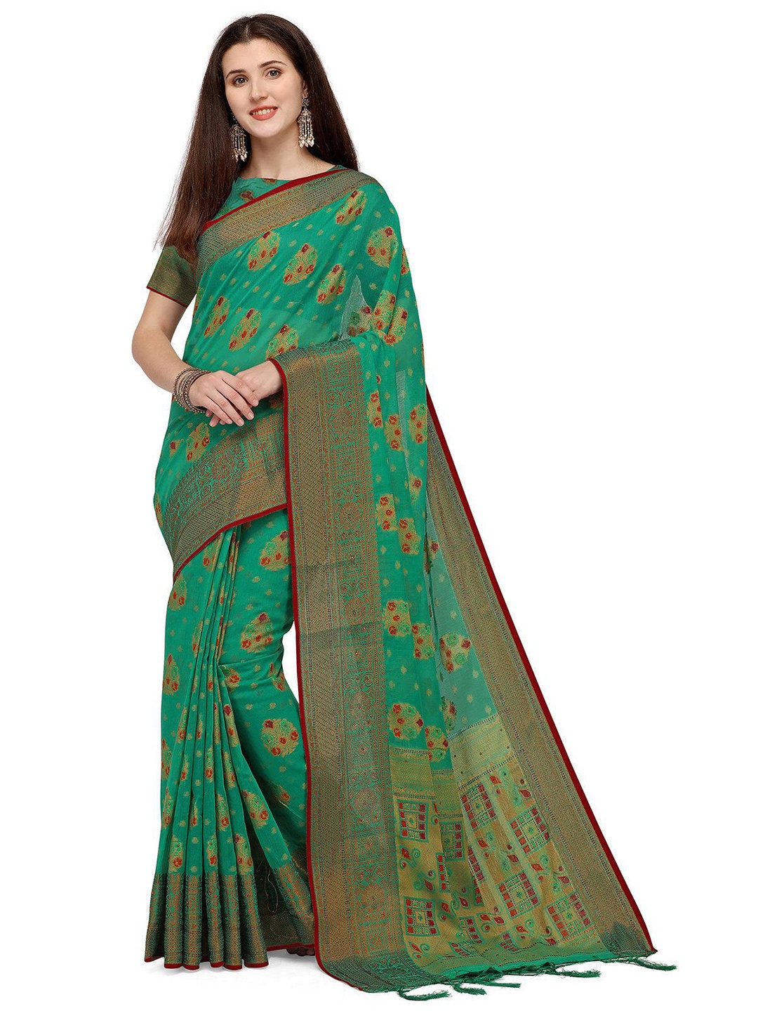 ODETTE Woven Design Zari Saree, Green