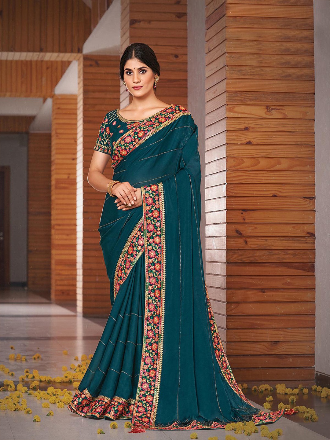 

ODETTE Striped Embroidered Saree, Blue