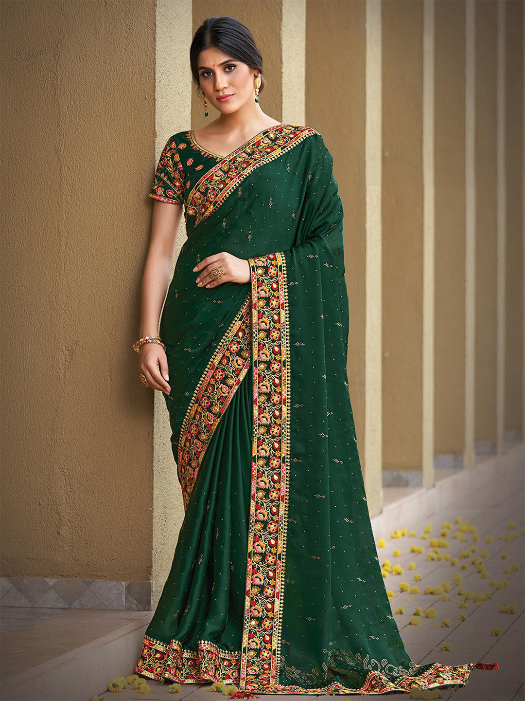 

ODETTE Embellished Embroidered Saree, Green