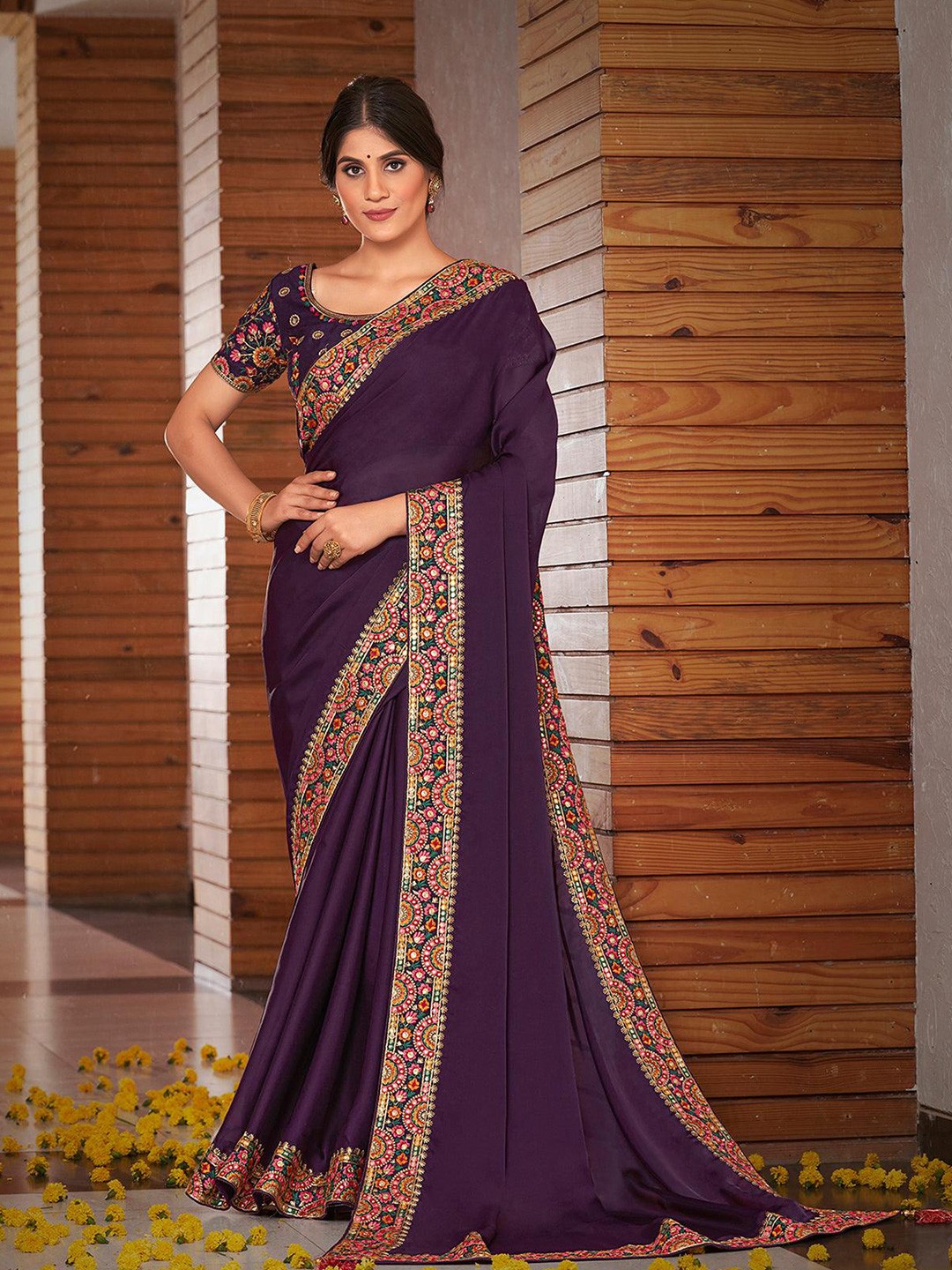 

ODETTE Embroidered Silk Satin Saree, Purple