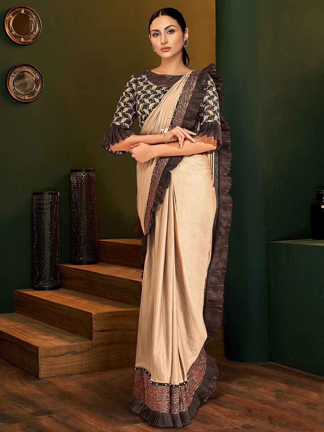

ODETTE Beads and Stones Saree, Beige