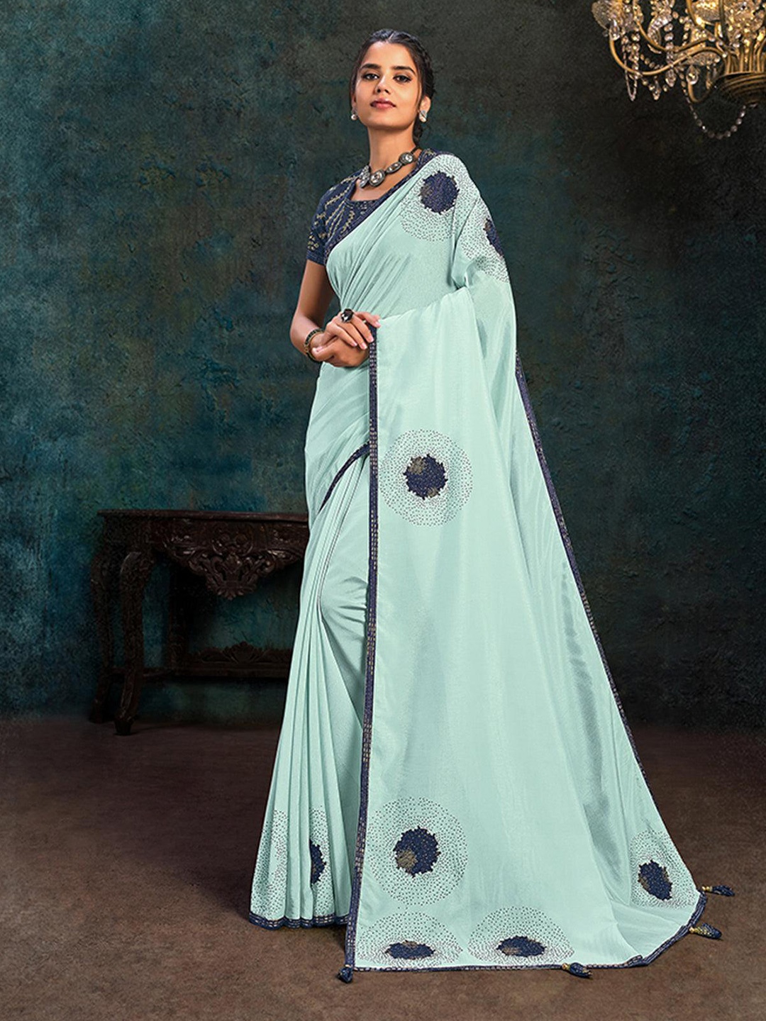 

ODETTE Embellished Sequinned Saree, Blue