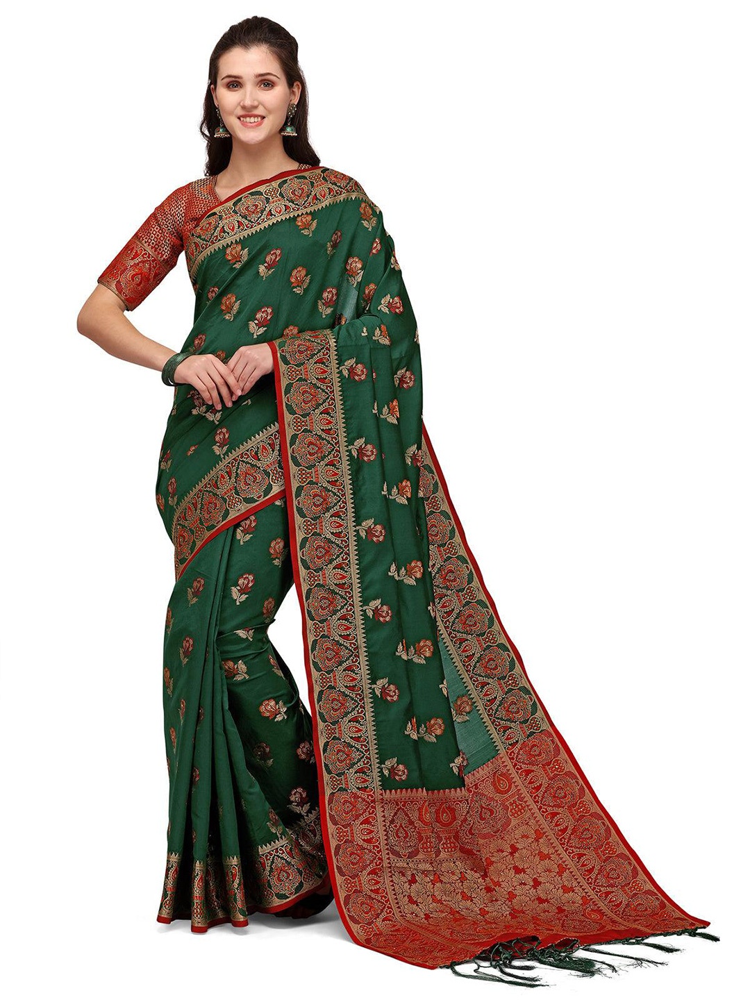 

ODETTE Floral Woven Design Embellished Zari Banarasi Saree, Green
