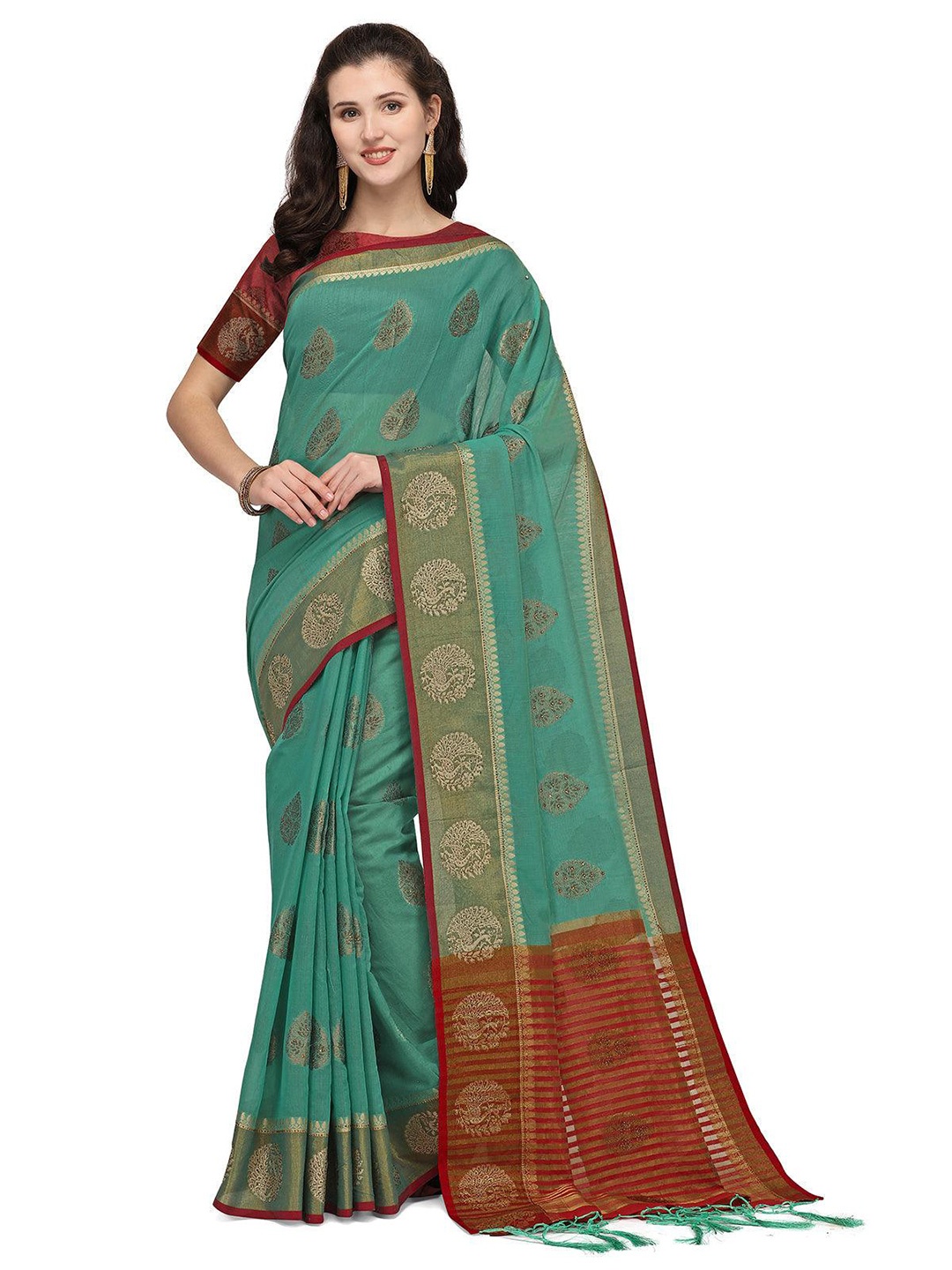 

ODETTE Ethnic Motif Woven Design Zari Banarasi Saree, Green