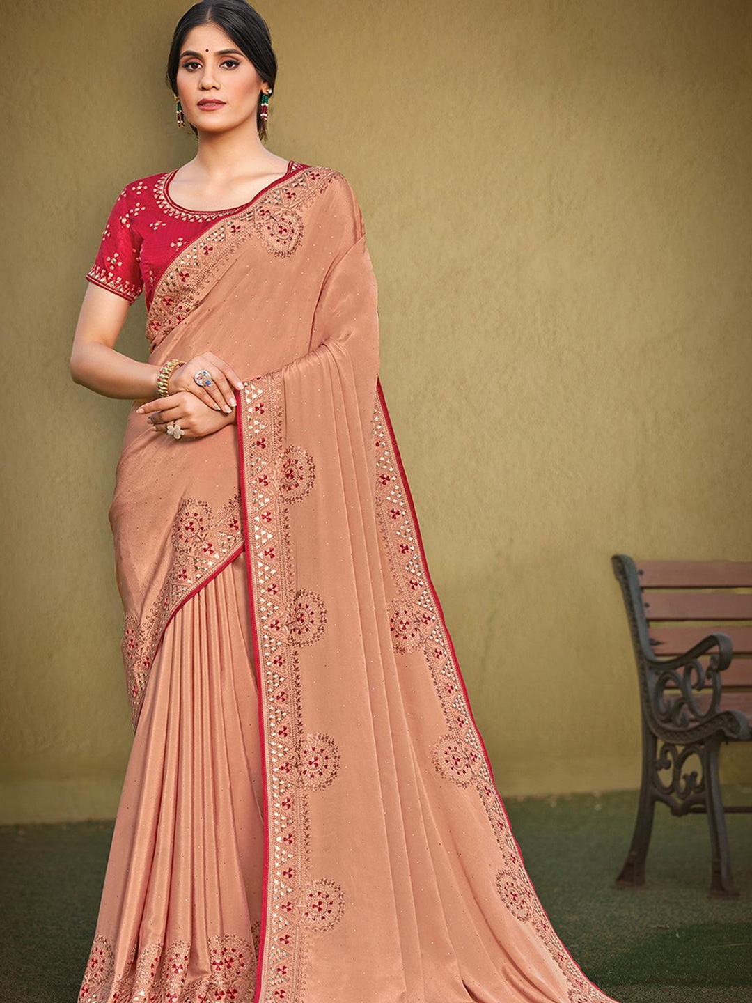 

ODETTE Embellished Embroidered Saree, Peach