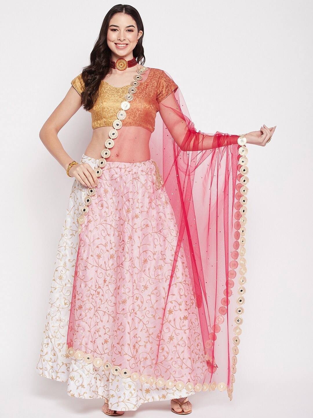 

Clora Creation Polka Dots Mirror Work Embroidered Dupatta, Magenta