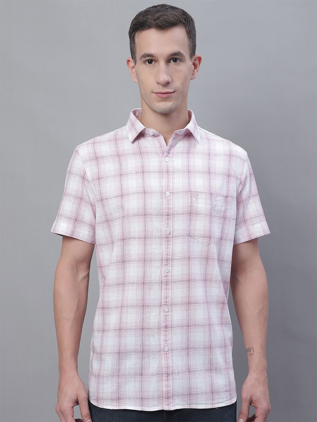 

Cantabil Comfort Windowpane Checked Cotton Linen Casual Shirt, Pink