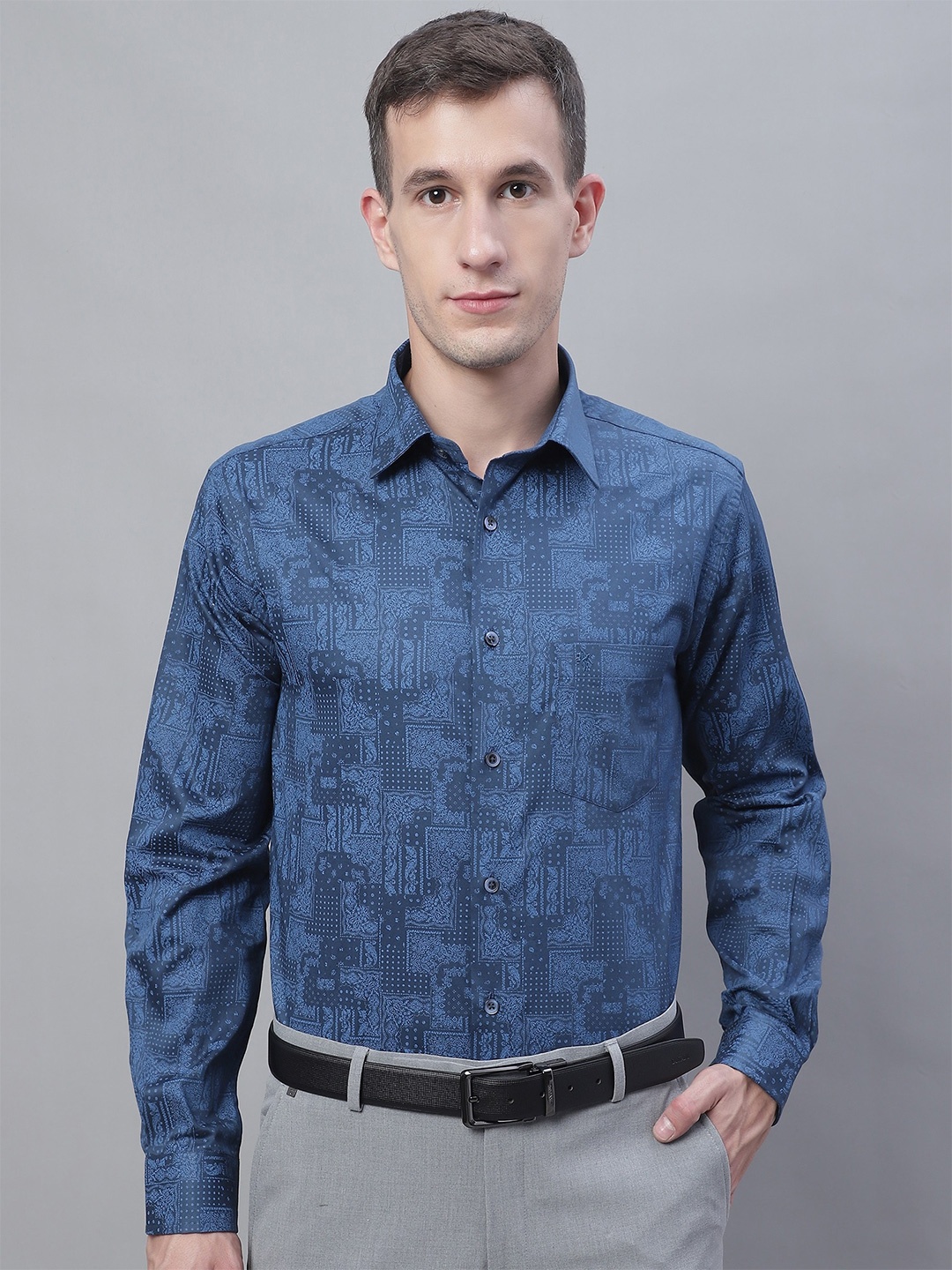 Cantabil Comfort Ethnic Printed Spread Collar Cotton Formal Shirt, Navy blue
