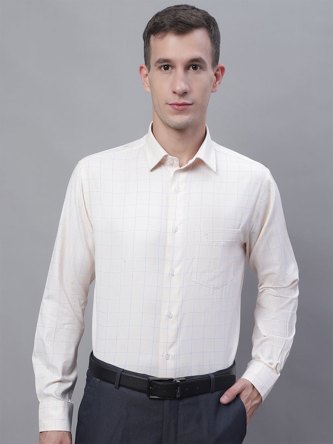 

Cantabil Comfort Grid Tattersall Checked Cotton Formal Shirt, Off white