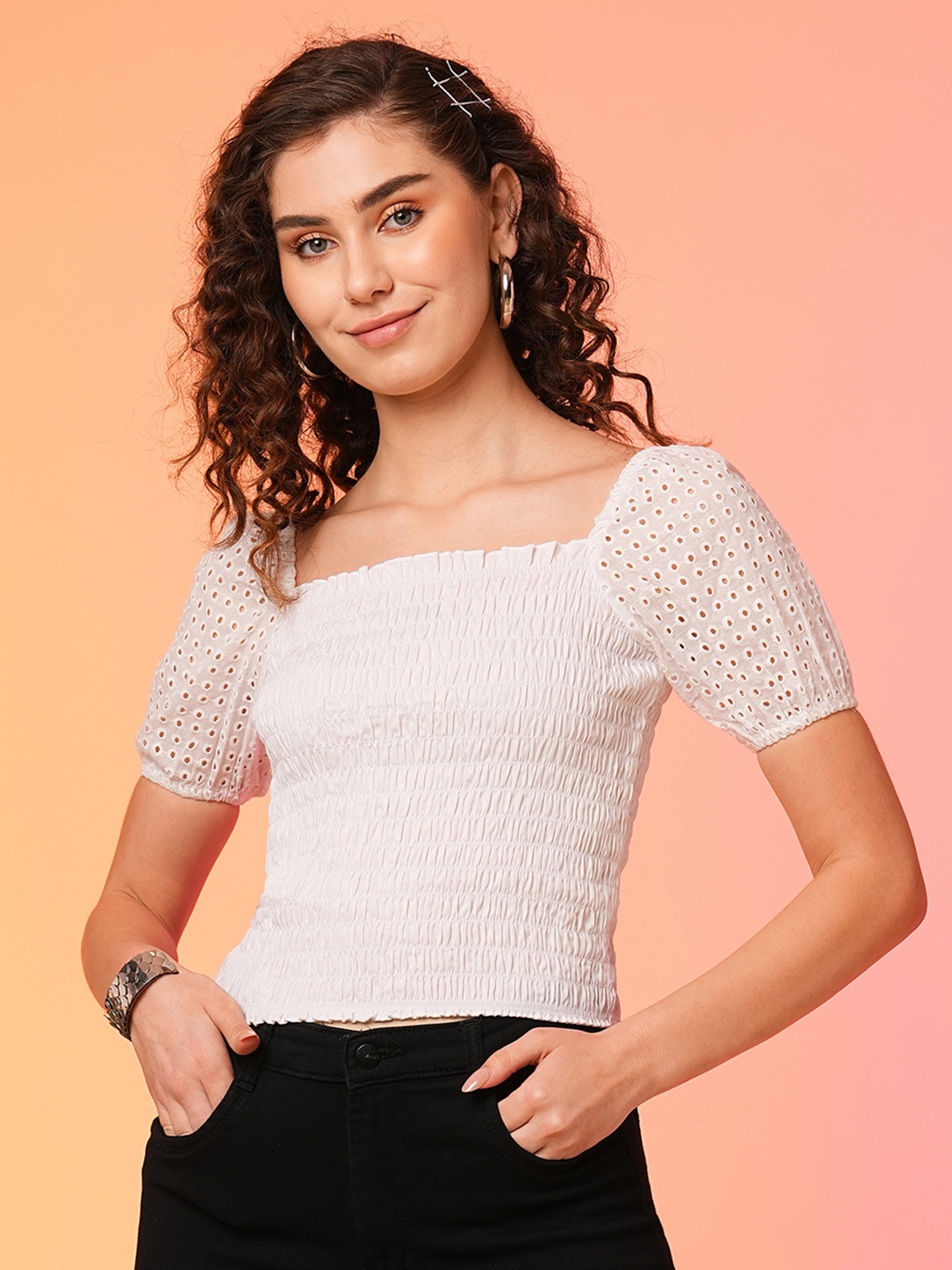 

Globus Women Smocked Cotton Schiffli Crop Top, White