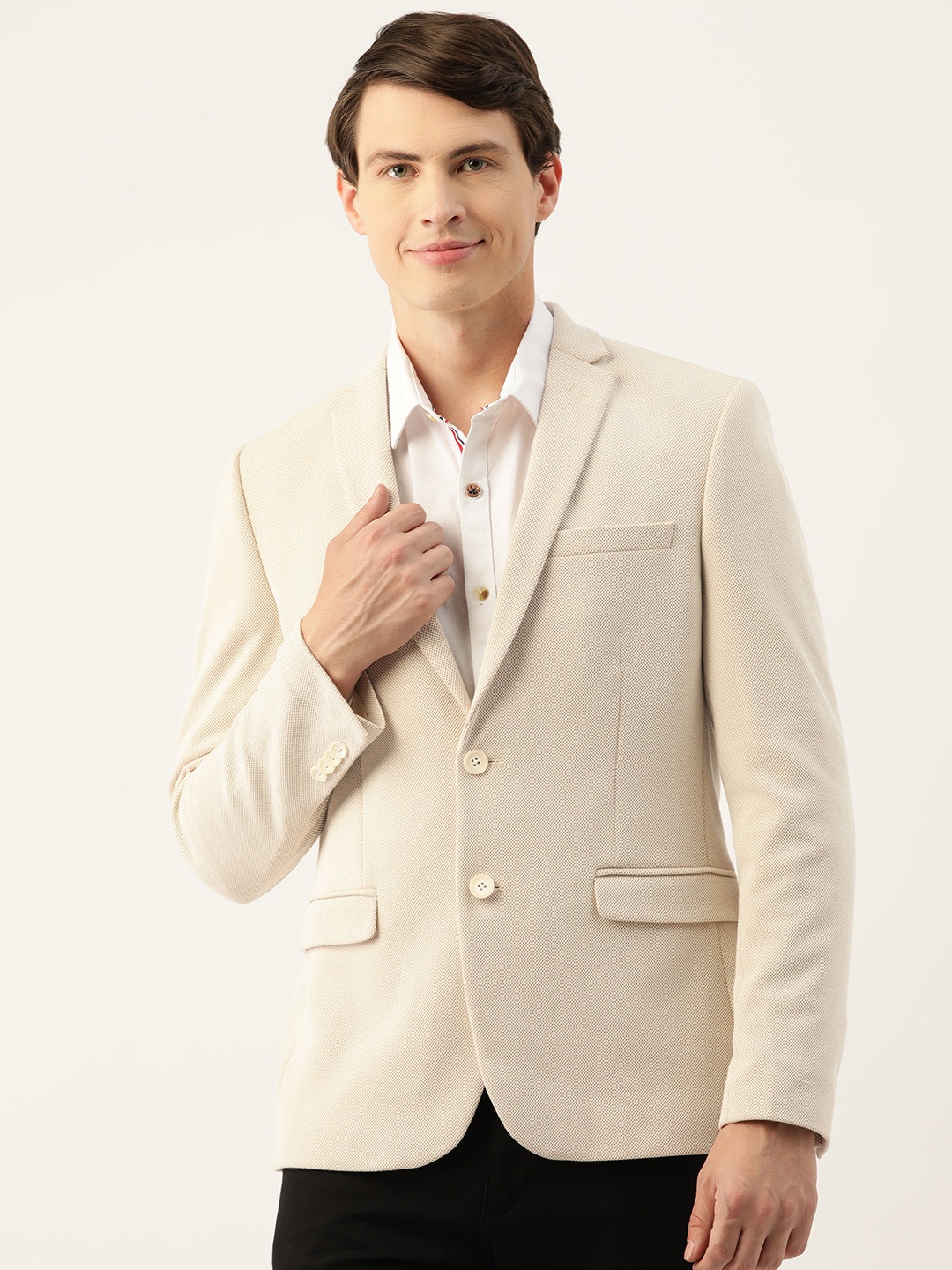 

Peter England Notched Lapel Slim Fit Single Breasted Blazer, Cream