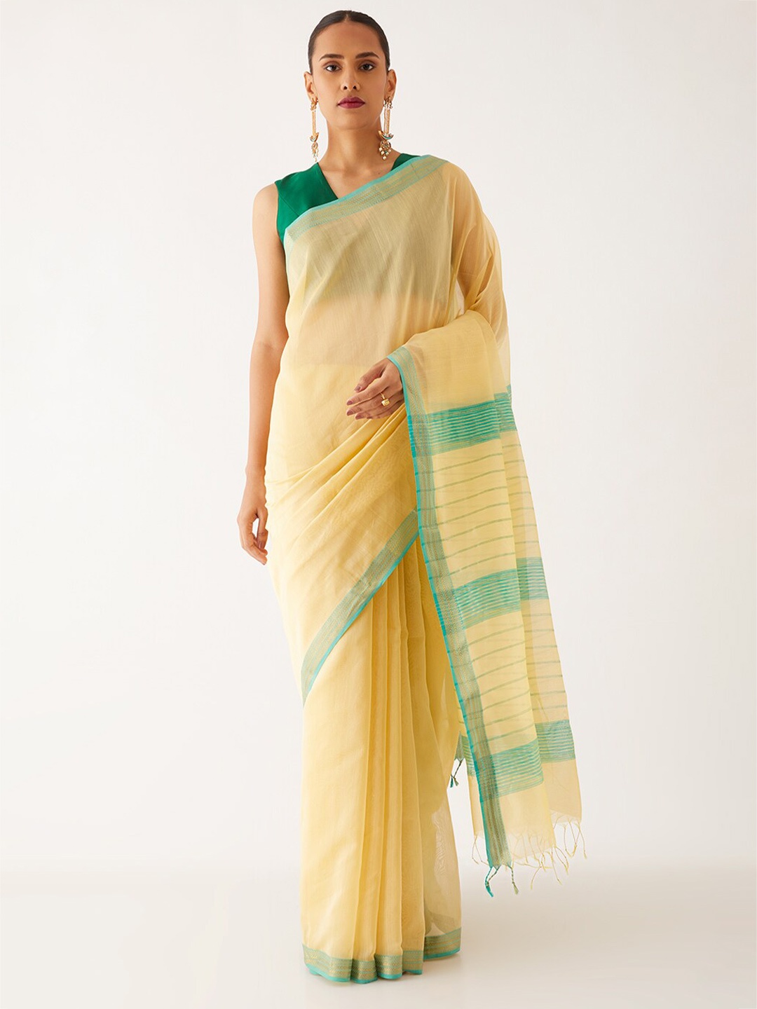 Taneira Zari Silk Cotton Maheshwari Saree, Yellow