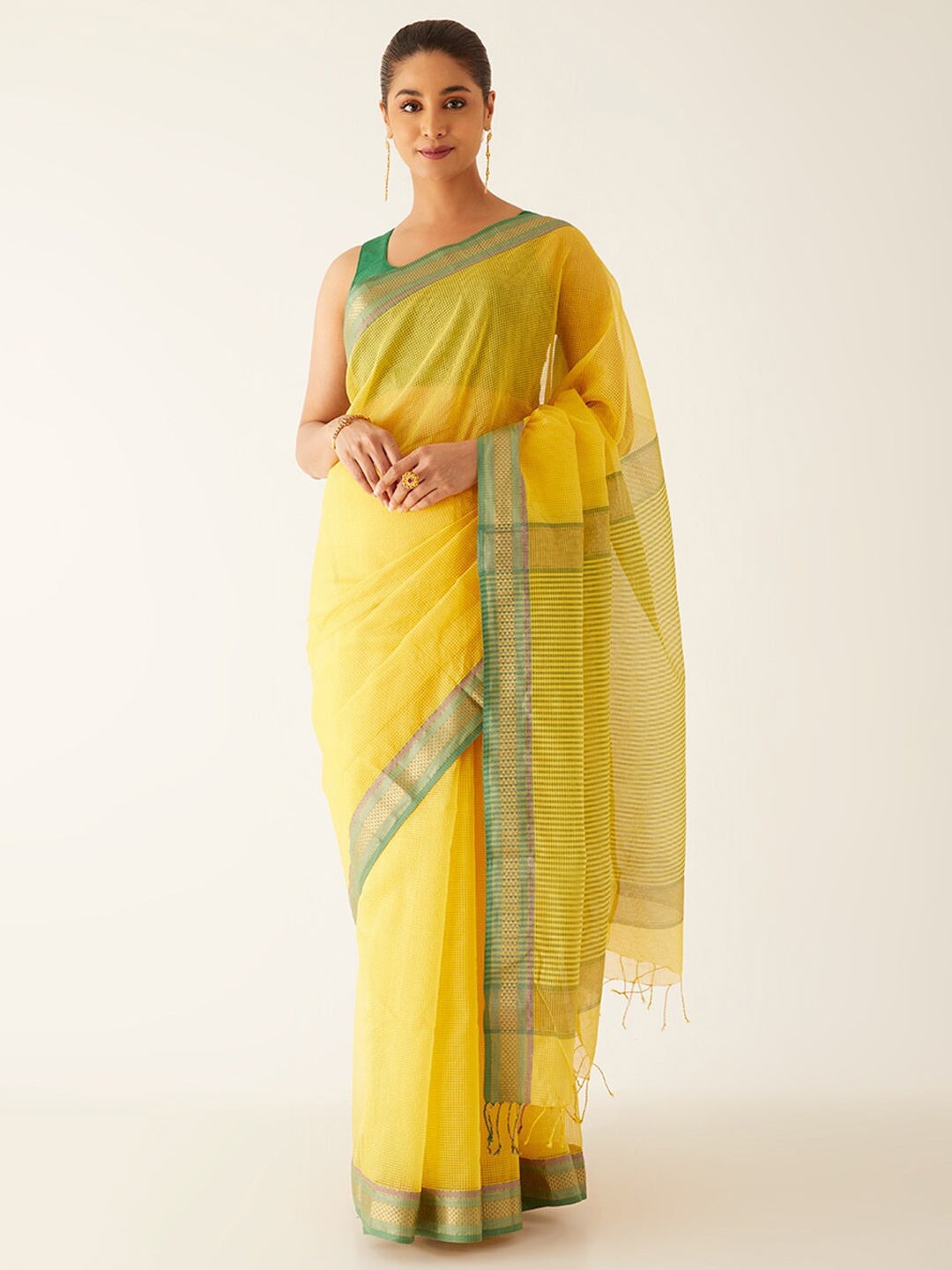 

Taneira Yellow & Green Striped Zari Silk Cotton Maheshwari Saree